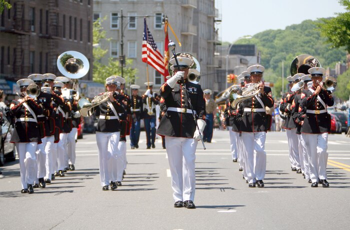 The Paris Island Marine Corps Band marches and plays down Broadway Avenue toward Fort Tryon Park, during a Memorial Day Parade in New York City, May 26.