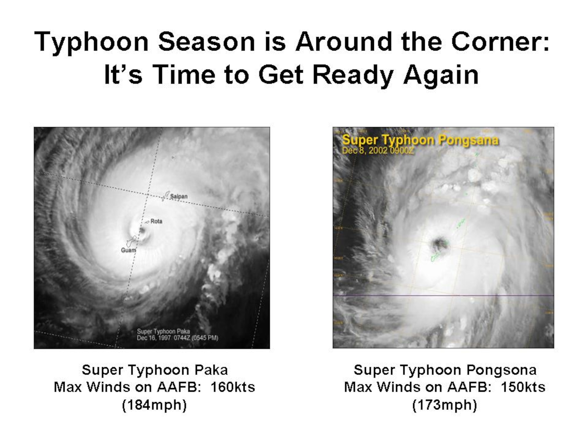 For Guam, tropical storms and typhoons can occur anytime of the year, though a typical typhoon season for Guam runs from late June through December (when Pacific Ocean the water temperatures are at their warmest), with the peak of the typhoon season occurring between late August through mid-November.  