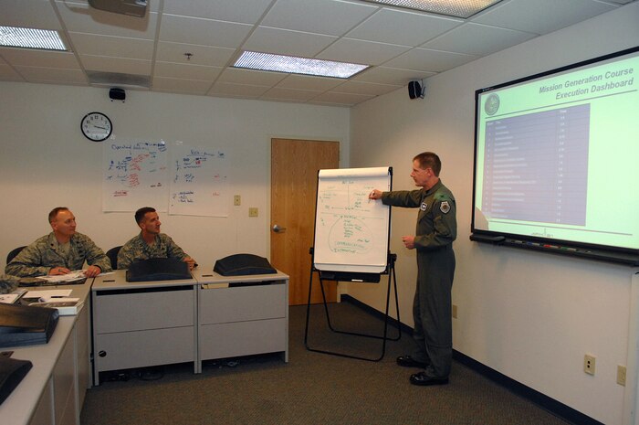 NELLIS AIR FORCE BASE, Nev.—From left to right, Lt. Col. Jeff Decker, U.S. Air Force Advanced Maintenance and Munitions Officer School commandant, Capt. Chris Boring, 57th Maintenance Group, and Col. Kevin Jackson, United States Air Force Warfare Center director of operations, discuss flying operations concepts during the Mission Generation Course Validation Conference held here May 20, 2008. AMMOS and the USAFWS teamed up to produce a two-day course on “Mission Generation” for the organizations moving toward the new global wing organizational construct, with classes scheduled to begin mid-June. (U.S. Air Force photo/Senior Airman Kasabyan Musal)
