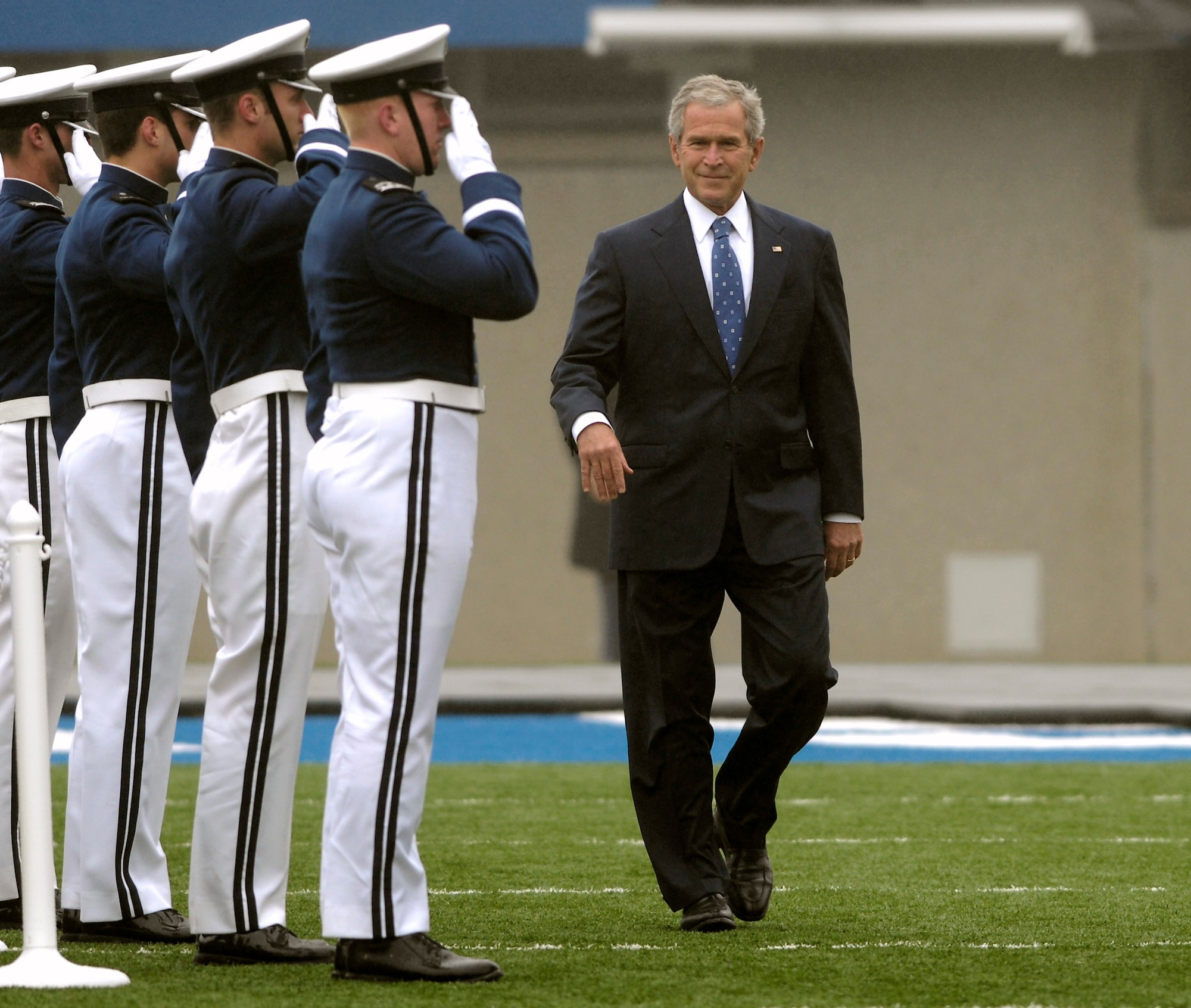President George W. Bush arrives at the U.S. Air Force Academy's Falcon Stadium prior to the Academy Class of 2008 Graduation Ceremony.  The president served as the commencement speaker for the class of 1,012 newly-graduated second lieutenants.  (U.S. Air Force photo/Mike Kaplan)