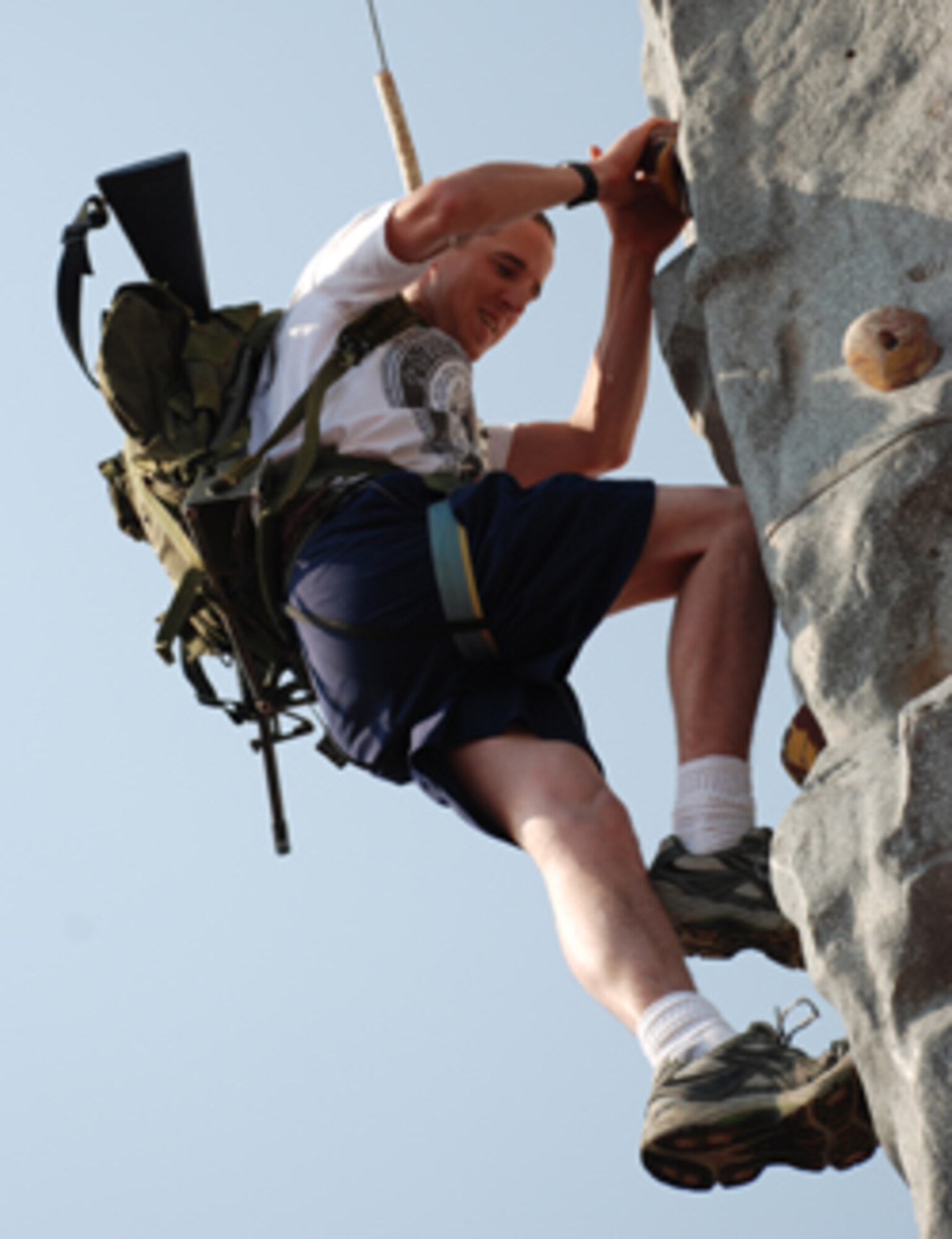 Navy Petty Officer 3rd Class Marcus Keith from the 366th Training Squadron, competes in the wall climb event at the 2008 Joint Warrior Challenge May 24. The Joint Warrior Challenge was a series of competitions in observation of Armed Forces Day and Memorial Day. (U.S. Air Force photo/Airman 1st Class Candy Miller)