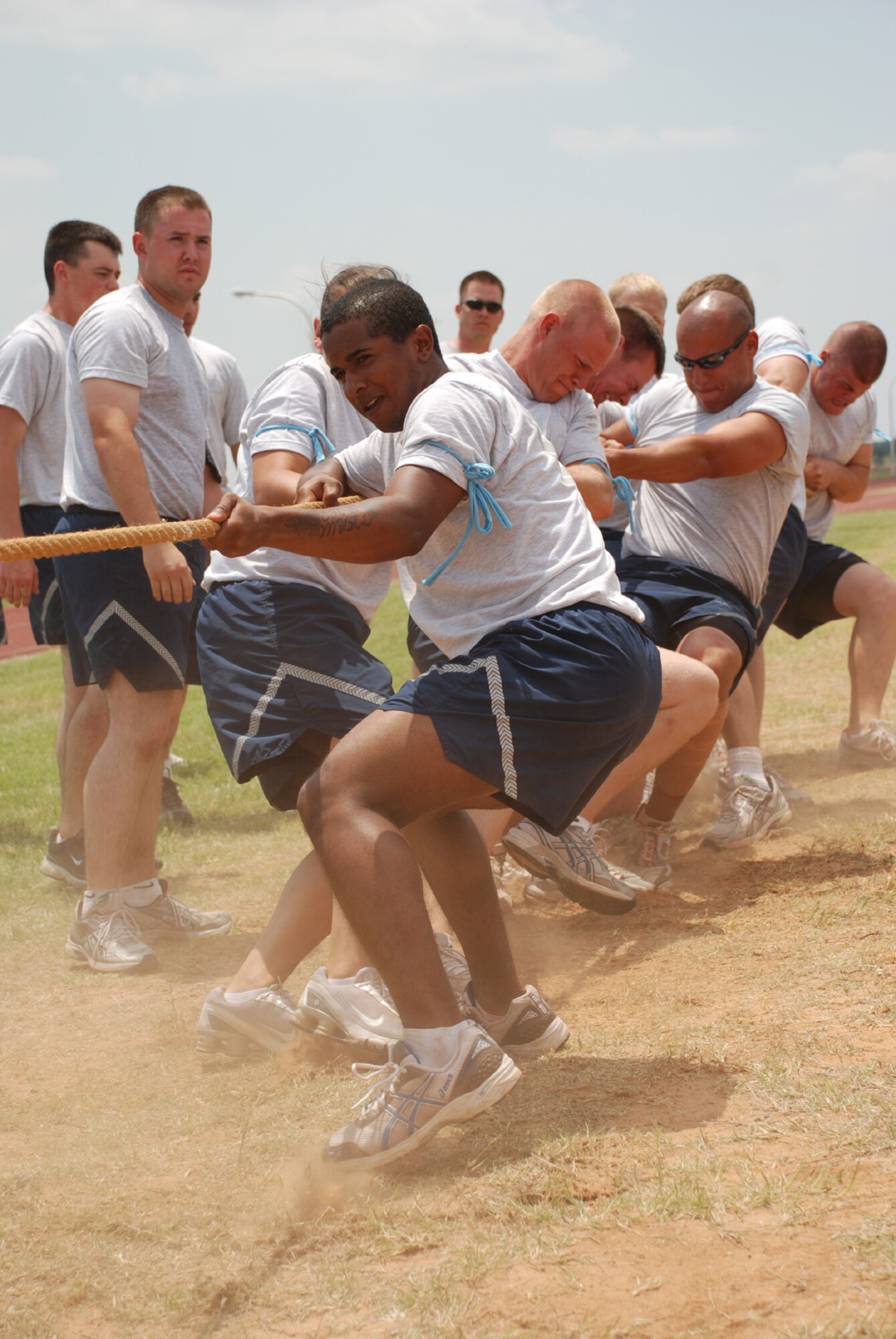 The Light Blue Team, members of the 364th Training Squadron, compete in the tug-of-war event at the 2008 Joint Warrior Challenge May24. The Joint Warrior Challenge was a series of competitions in observation of Armed Forces Day and Memorial Day. (U.S. Air Force photo/Airman 1st Class Candy Miller)