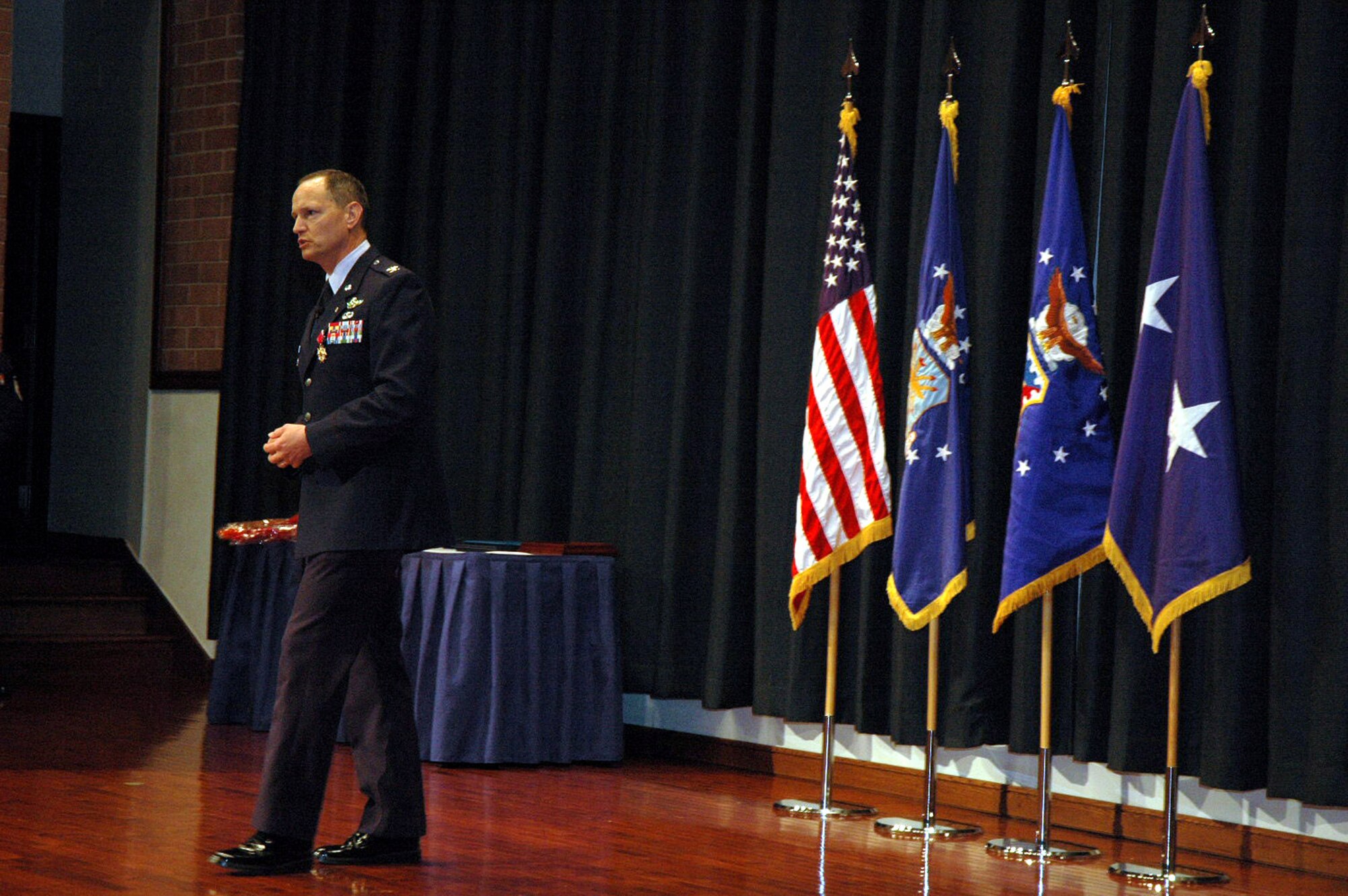Col. Chuck Stiles, U.S. Air Force Expeditionary Center vice commander, speaks to the audience during his retirement ceremony May 22, 2008, in the USAF EC's Grace Peterson Hall on Fort Dix, N.J.  Colonel Stiles retired after 30 years of service.  (U.S. Air Force Photo/Tech. Sgt. Scott T. Sturkol) 