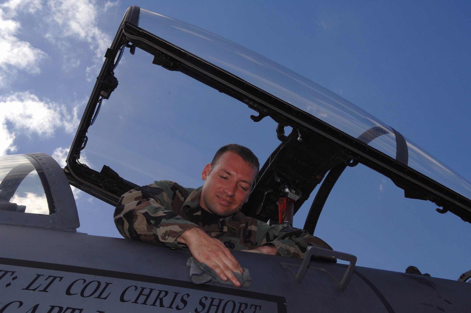 Staff Sgt. Eric Lackey, an aircraft maintenance crew chief, cleans the exterior of an F-15 Eagle from the 48th Fighter Wing, Royal Air Force Lakenheath, U.K. here May 25 in preparation for the 2008 Berlin Airshow. U.S. participation in the Berlin Air Show enhances the U.S.-German military-to-military relationship and supports our security cooperation strategic direction efforts. (U.S. Air Force photo/Tech. Sgt. Corey Clements)