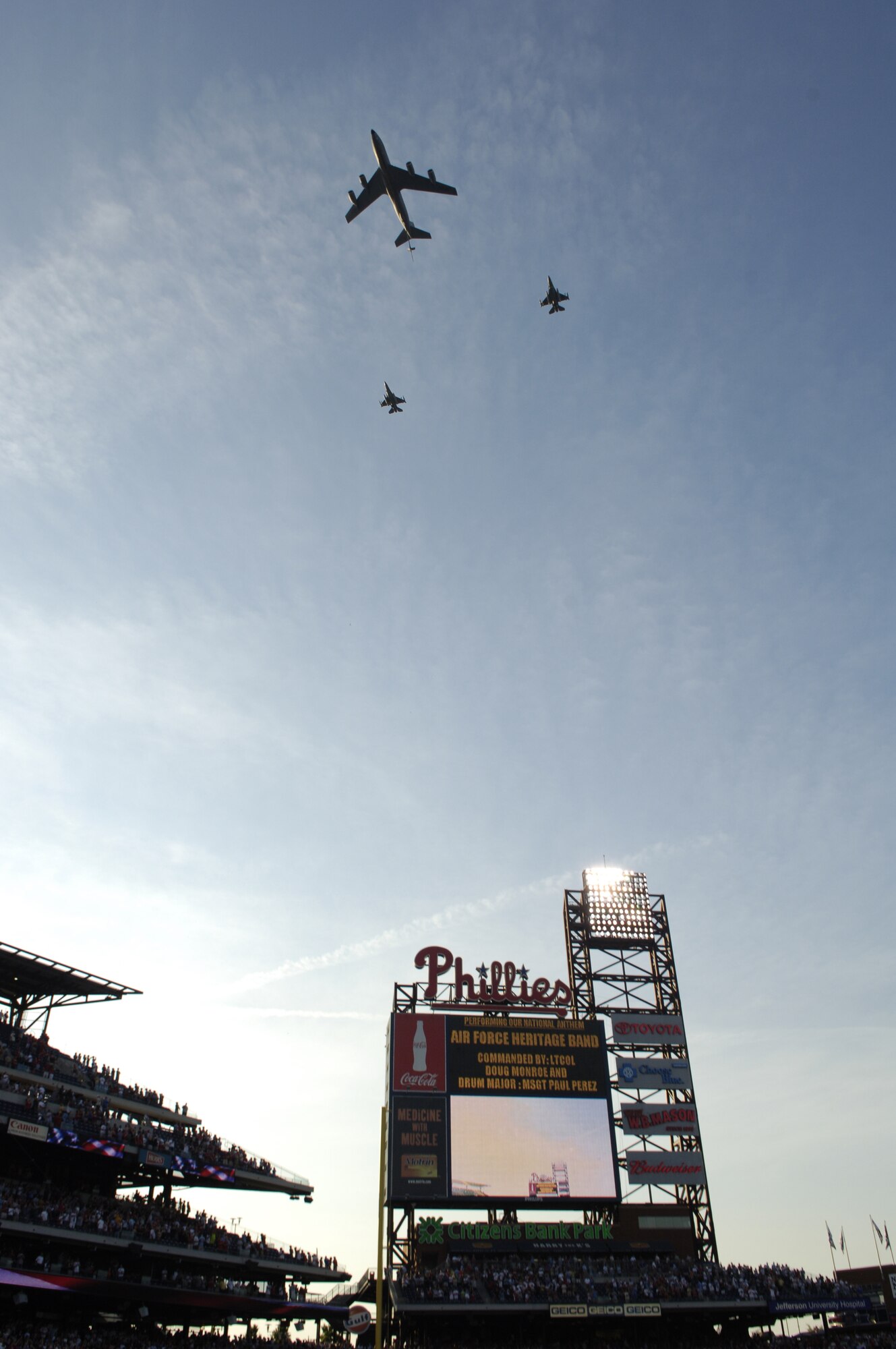 McGuire aircraft fly over Citizens Bank Park during the Phillies game Monday as part of Air Force Week in Philadelphia. (U.S. Air Force photo/Kenn Mann)