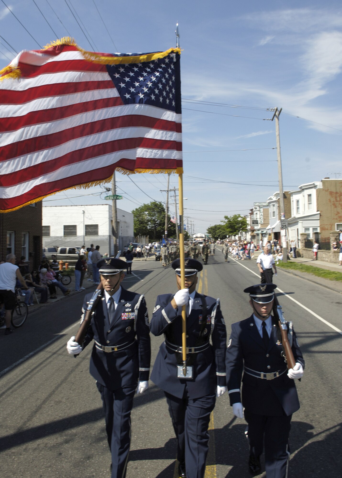 An Air Force flag detail marches in the Bridesburg Memorial Day Parade Monday. The parade kicked of Air Force Week in Philadelphia, a weeklong celebration and demonstration of Air Force servicemembers and capabilities. (U.S. Air Force photo/Kenn Mann)