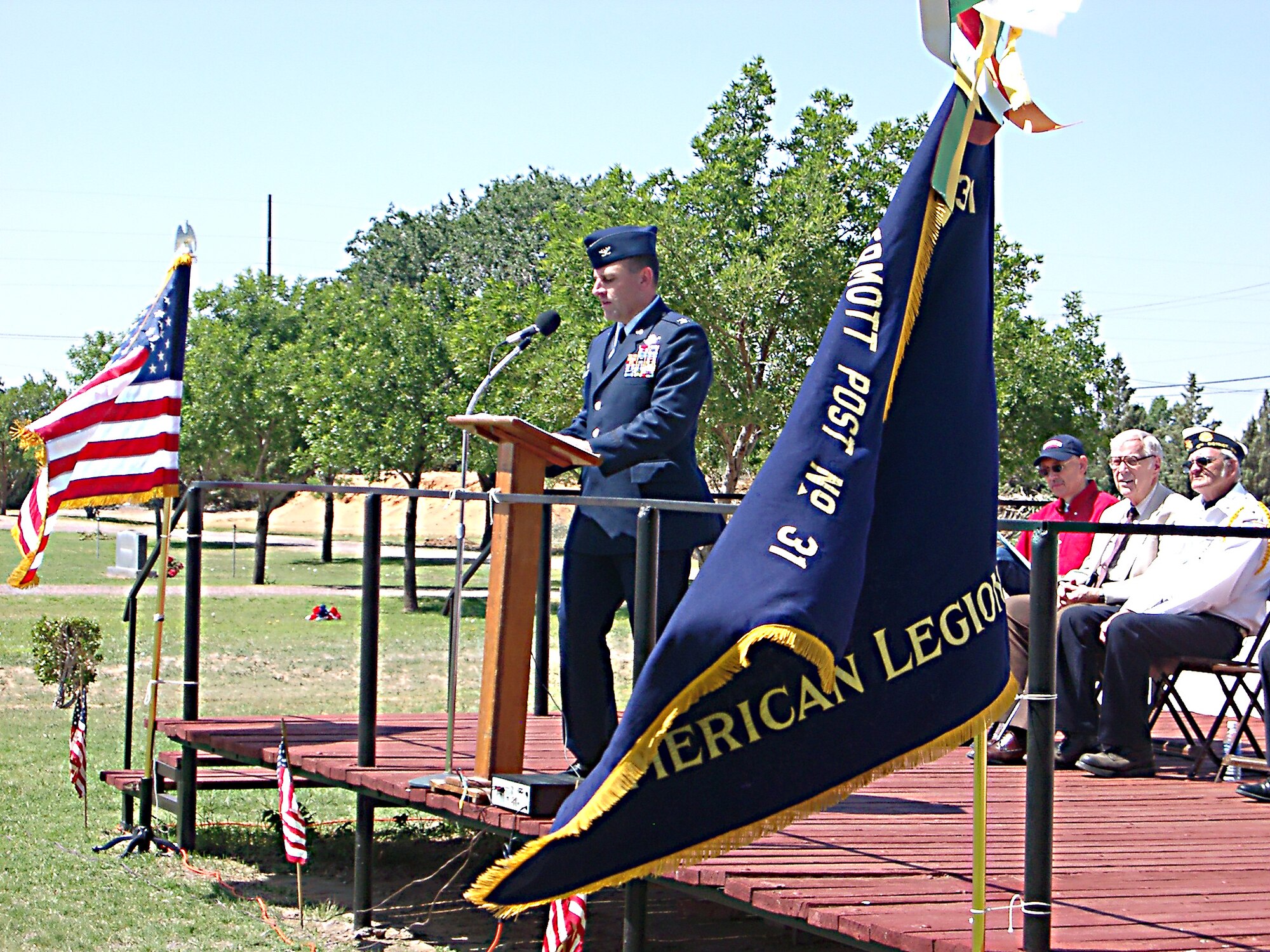 CANNON AIR FORCE BASE -- Col. Timothy Leahy, 27th Special Operations Wing commander, speaks about the significance of Memorial Day at the Portales, N.M. Cemetery on May 26. Colonel Leahy was invited by the Portales American Legion to speak at its 62nd consecutive Memorial Day observance ceremony. (U.S. Air F0rce photo by Capt. Mae-Li Allison

