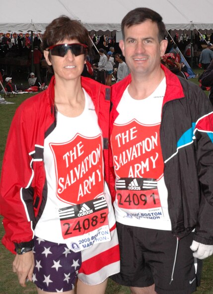 MINOT AIR FORCE BASE, N.D. -- Col. Parker Northrup, 5th Operations Group commander, and wife, Lt. Col. Carol Northrup, National Defense Fellow at Boston College, pose for a photo prior to participating in the 2008 Boston Marathon in Boston, Mass. (courtesy photo)