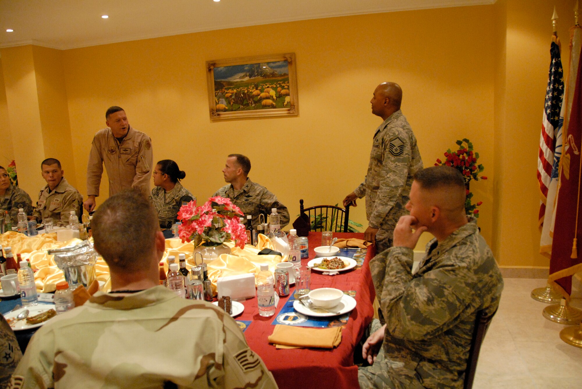 SOUTHWEST ASIA -- Lieutenant Gen. Gary North, the Ninth Air Force and Combined Forces Air Component Commander for U.S. Central Command, answers a question from Master Sgt. Virgil McGee during a dinner with Airmen May 24, 2008 on an air base in the Persian Gulf Region. General North wrapped up a nine-day tour throughout the U.S. Air Forces Central area of responsibility to welcome recently deployed Airmen. He spoke with Airmen about the different mission sets they perform and to the level of proficiency and consistency at which Airmen execute those mission sets. Sergeant McGee is deployed to the 387th Expeditionary Support Squadron and is deployed from the 36th Civil Engineer Squadron out of Andersen Air Force Base, Guam. (U.S. Air Force photo/ Staff Sgt. Patrick Dixon)