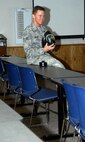 MINOT AIR FORCE BASE, N.D. -- Senior Airman Ross Monten instructs a Chemical Warfare class May 27 at the 5th Civil Engineer Squadron Readiness building here. (U.S. Air Force photo by Airman 1st Class Benjamin Stratton)