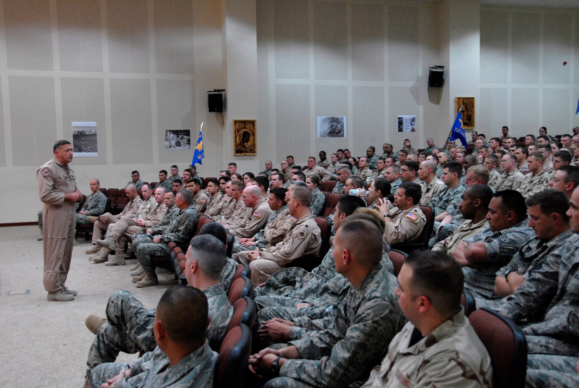 SOUTHWEST ASIA -- Lieutenant Gen. Gary North, the Ninth Air Force and Combined Forces Air Component Commander for U.S. Central Command, speaks to Airmen from the 386th Air Expeditionary Wing at the base theater during an all call May 24, 2008 on an air base in the Persian Gulf Region. General North wrapped up a nine-day tour throughout the U.S. Air Forces Central area of responsibility to welcome recently deployed Airmen. He spoke with Airmen about the different mission sets they perform and to the level of proficiency and consistency at which Airmen execute those mission sets. (U.S. Air Force photo/ Staff Sgt. Patrick Dixon)