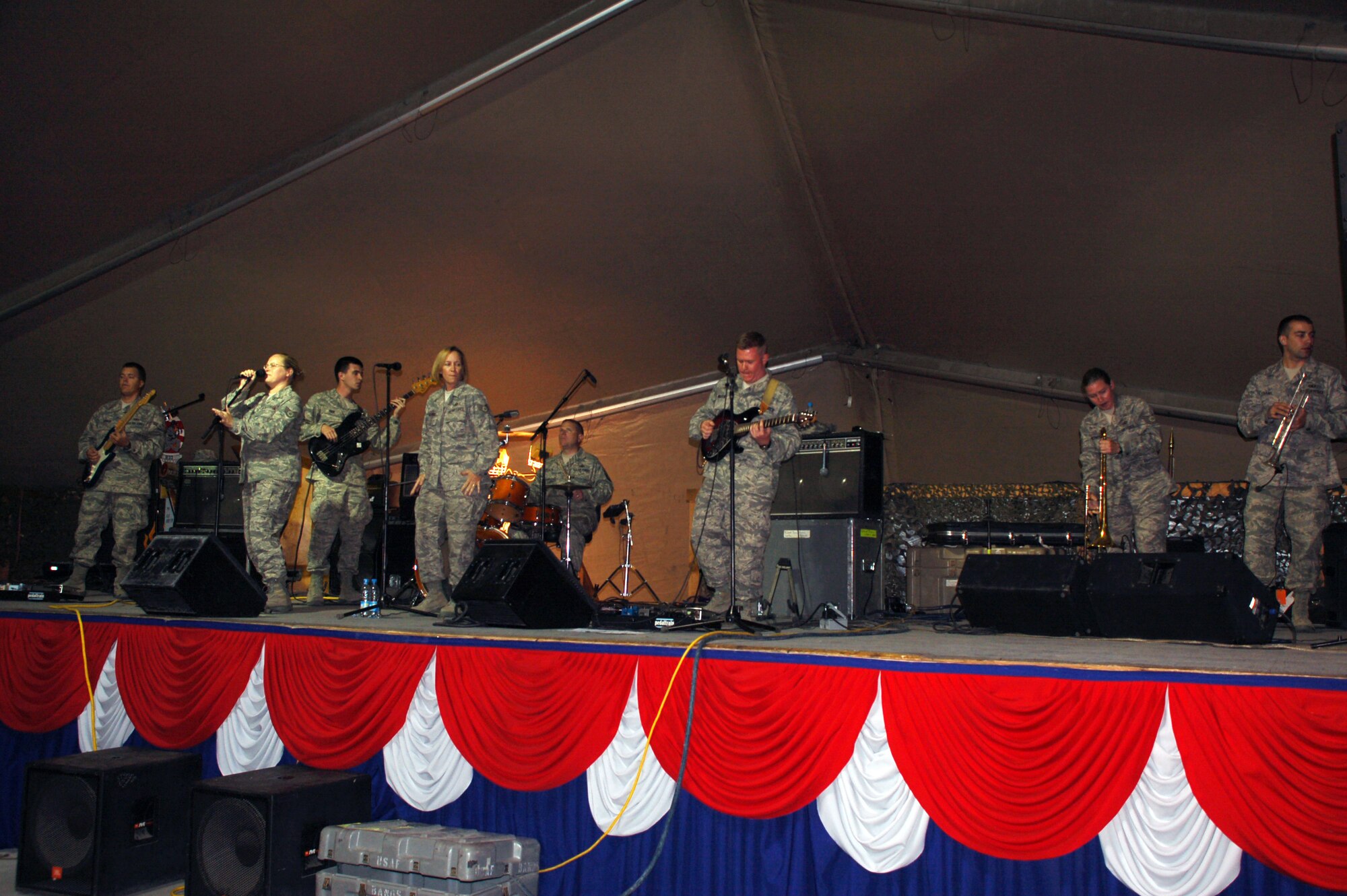 (08/05/26) The U.S. Air Forces Central Band "Thunder Roll" performs at the Manas Air Base community center.  The band performed for Manas Air Base Airmen, transients, local villages and schools during their 12-day trip to Kyrgyzstan.  (U.S. Air Force/SMSgt Greg Wade)