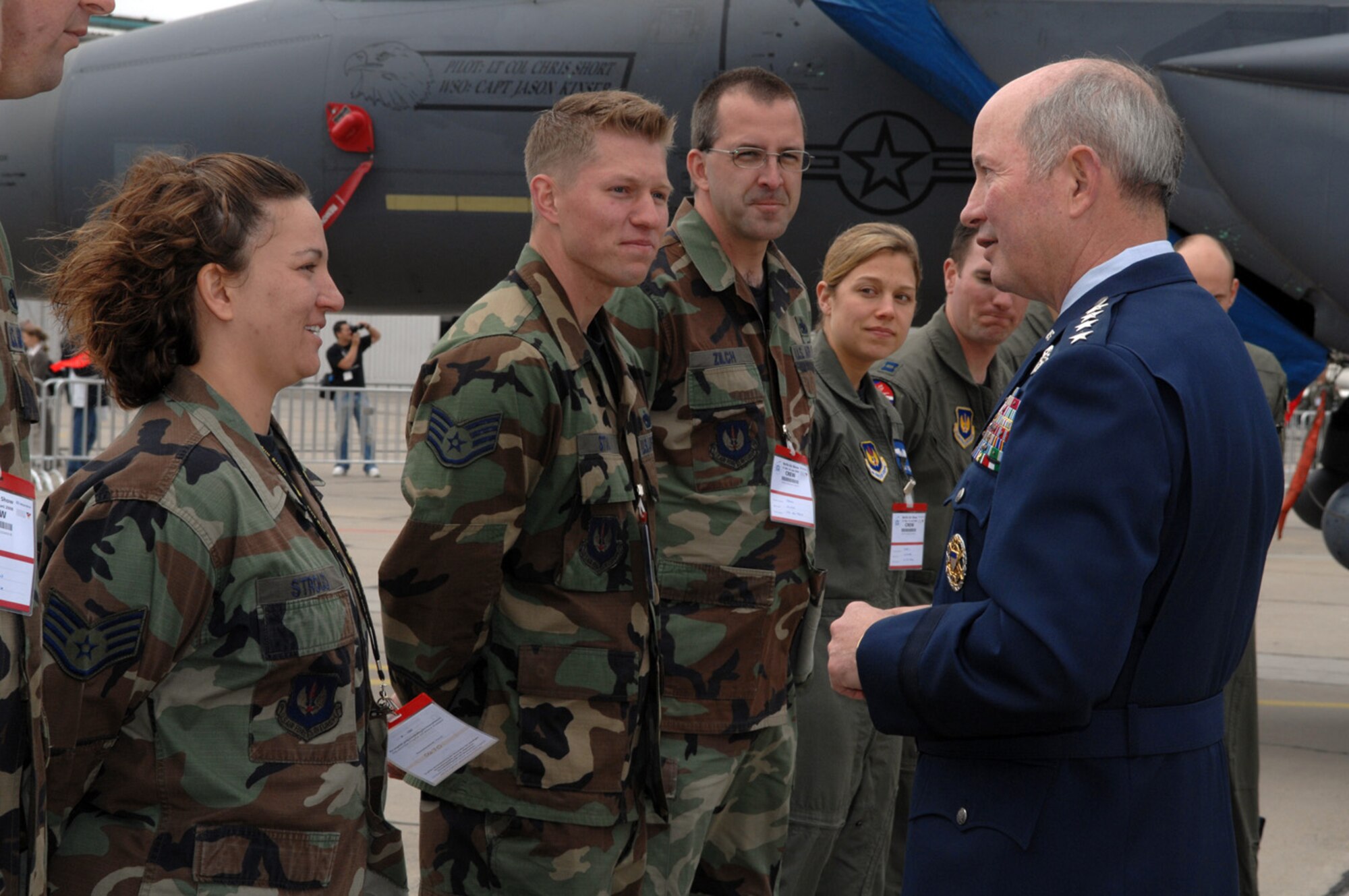 Gen. Duncan McNabb, Air Force Vice Chief of Staff, gets to know the F-15 crew from RAF Lakenheath, England, during his walk through of the U.S. corral at the 2008 Berlin Air Show May 27.  U.S. military participation in the air show contributes to a number of U.S. security and foreign policy interests. Participation promotes standardization and interoperability of equipment with our NATO allies and other potential coalition partners and highlights the strength of the U.S. commitment to the security of Europe. (U.S. Air Force photo by Tech Sgt. Corey Clements)
