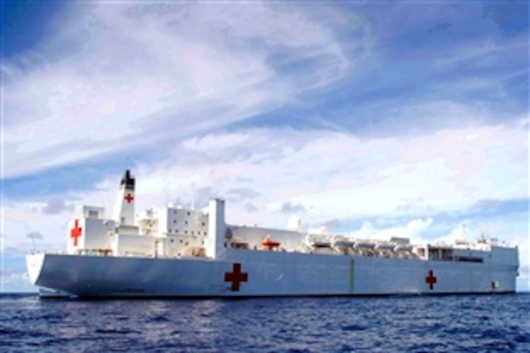 The Military Sealift Command USNS Mercy transits the western Pacific Ocean, May 27, 2008, in support of Pacific Partnership 2008, a humanitarian deployment to the Republic of the Philippines, Vietnam, Timor Leste, Papua New Guinea and the Federated States of Micronesia. 