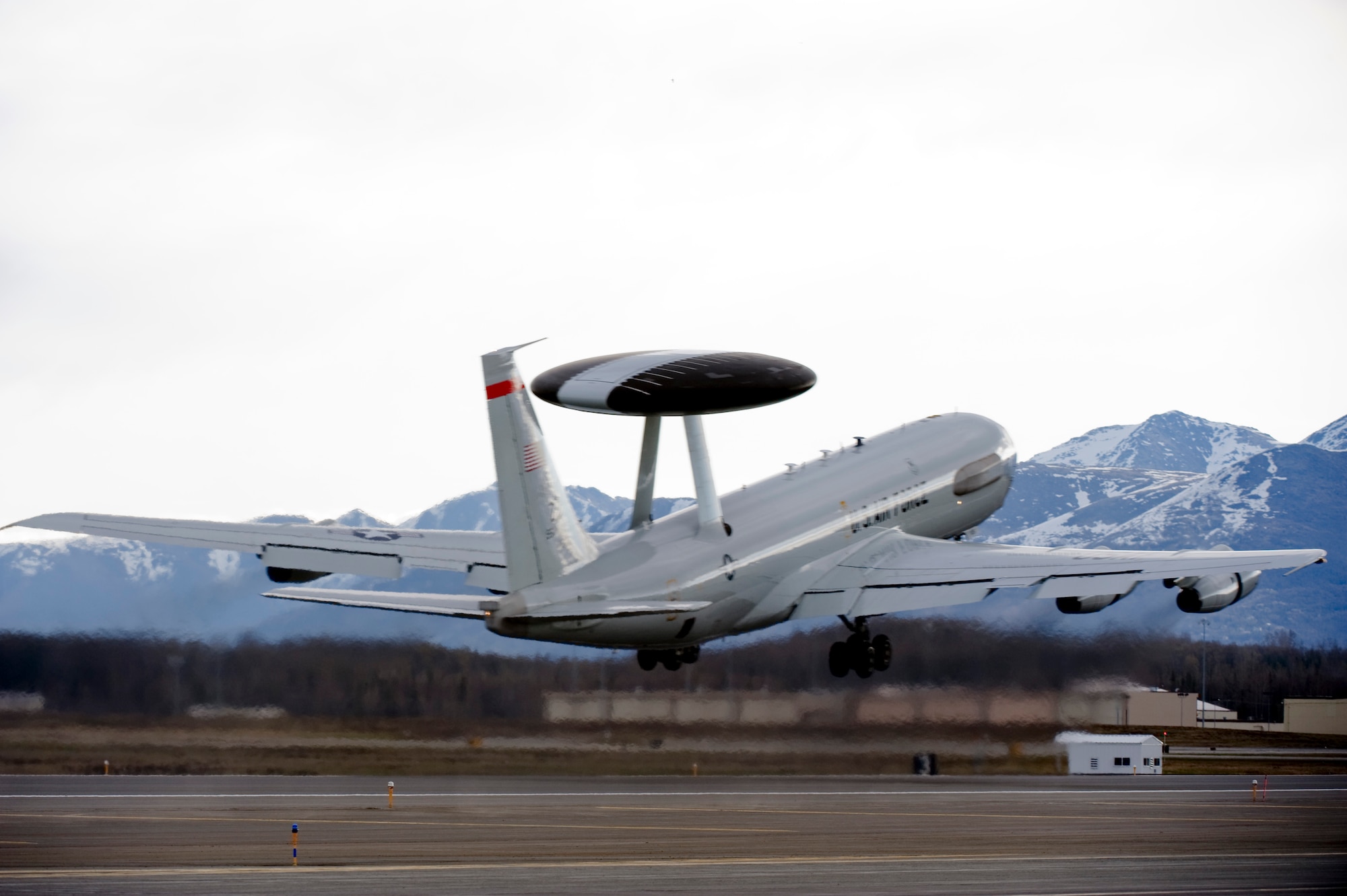 An E-3 Airborne Warning and Control System out of Kadena Air Base, Japan takes off from Elmendorf Air Force Base, Alaska on May 13, 2008. The E-3 AWACS is assigned to the 961st Airborne Air Control Squadron at Kadena Air Base while flying the air war phase of Northern Edge 08. (U.S. Air Force photo/Airman 1st Class Jonathan Steffen)