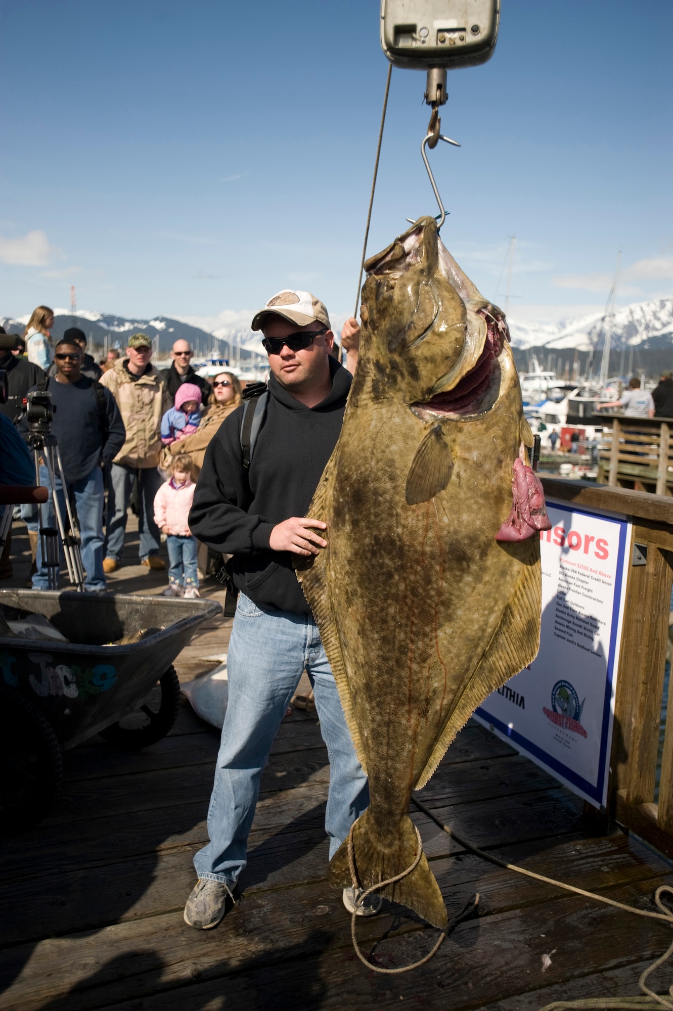Staff Sgt. Michael Hester, 3rd Civil Engineer Squadron, stands next to his 121-pound halibut that he caught during the 2nd Annual Armed Services Combat Fishing Tournament May 22. Sergeant Hester was awarded the choice to pick a brand new truck or cash for his prize.  (U.S. Air Force Photo by Airman 1st Class Jonathan Steffen)