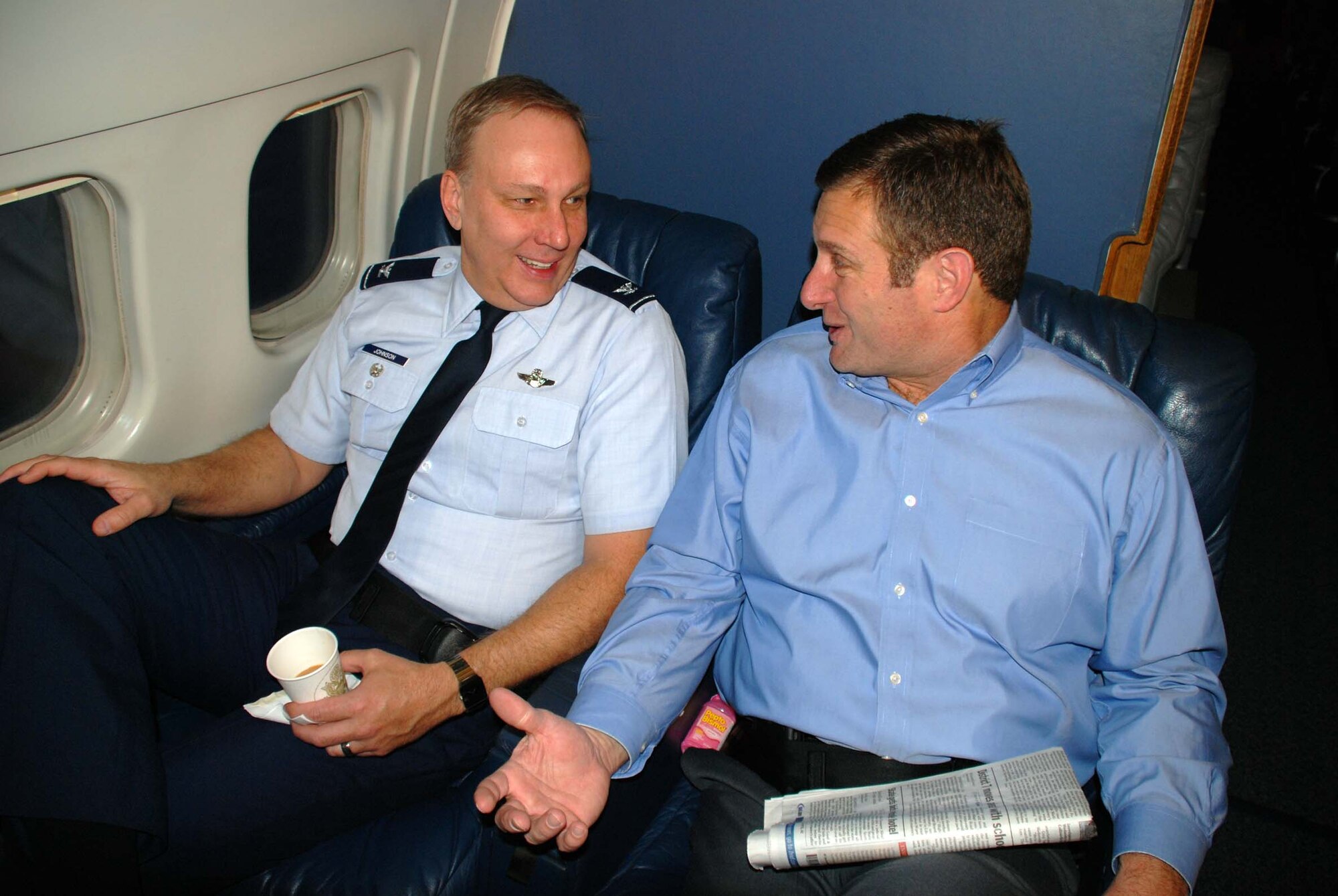 Col. Jeff Johnson, vice commander of the 932nd Airlift Wing, explains the capabilities of the C-9C distinguished visitor aircraft during a flight.  Civic leaders took time out of their lives learning about the 932nd Airlift Wing.  These tours are designed to help educate and inform. Thirty-nine civic leaders visited, including mayors, primarily from Southern California, the Chicago region and a few communities surrounding Scott Air Force Base. The event was designed to help educate and inform the public about the mission.   Photo/Tech Sgt. Gerald Sonnenberg