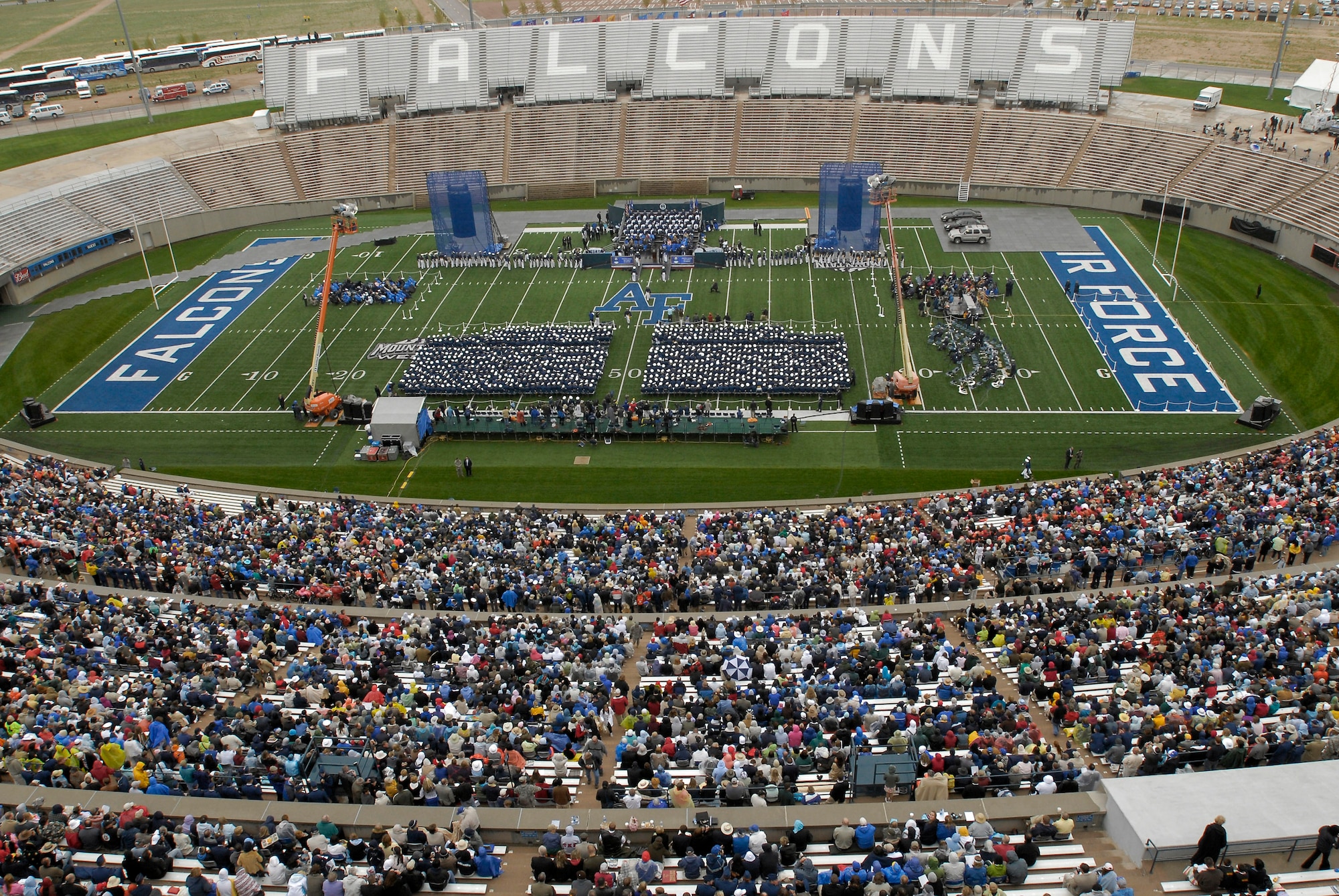 A bird's eye view of the U.S. Air Force Academy Class of 2008 graduation ceremony as 1,012 cadets receive their diplomas and graduate as second lieutenants May 28 at Falcon Stadium.  (U.S. Air Force photo/David Armer)
