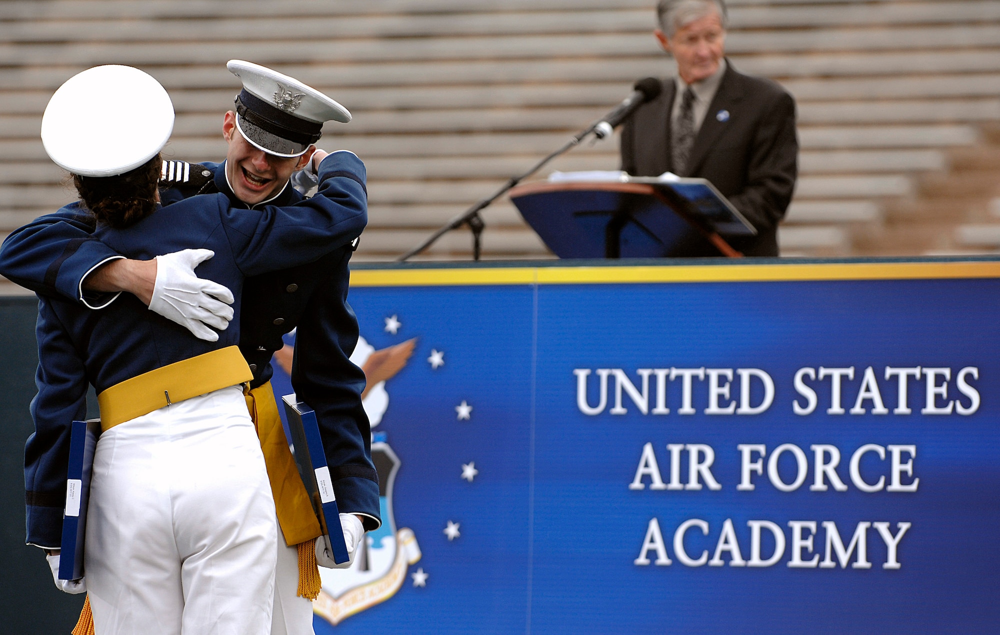 Cadets from the U.S. Air Force Academy Class of 2008 celebrate after receiving their diplomas during the commencement ceremony May 28. (U.S. Air Force photo/Dave Ahlschwede)