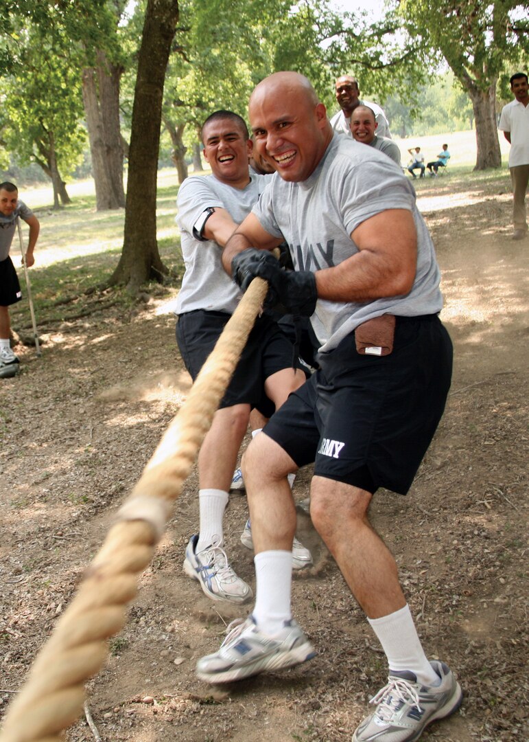 5/9/2008 - Army Soldiers Pvt. Eliseo Ausua, front, and Spc. Julio Varon enjoy a game of tug-of-war at the Defense Language Institute picnic May 9 at Lackland Air Force Base, Texas.
(USAF photo by Robbin Cresswell)