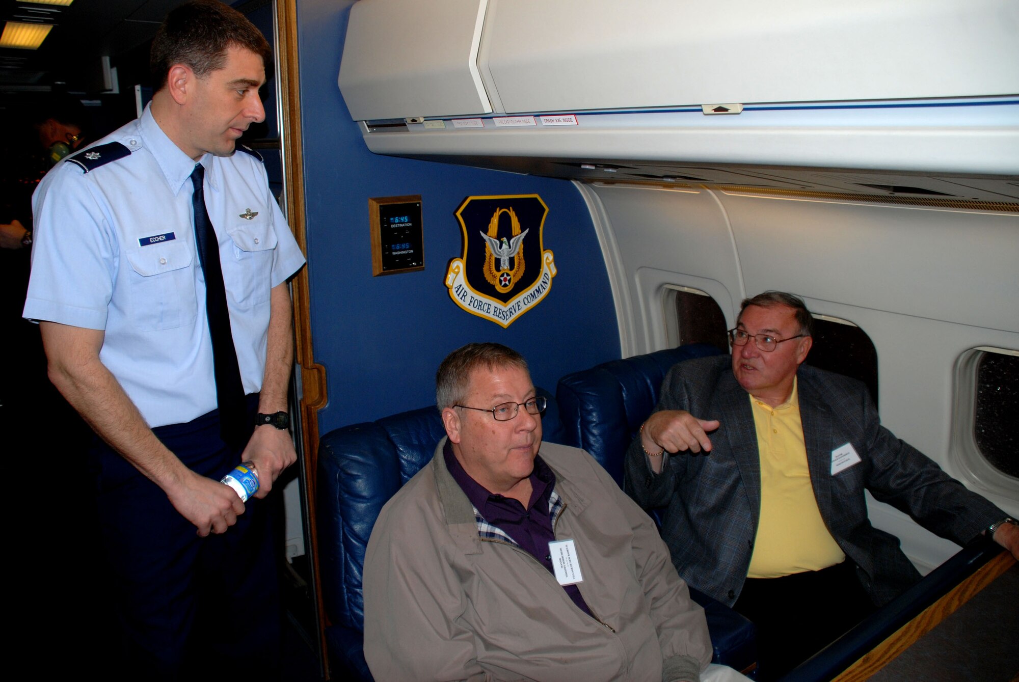 Pilots from the 932nd Airlift Wing tell civic leaders about the C-9C aircraft as they enjoyed learning about the 932nd Airlift Wing.  Thirty-nine civic leaders, including mayors, primarily from Southern California, the Chicago region and a few communities surrounding Scott Air Force Base.  The event was designed to help educate and inform the public about the mission.  Photo/Maj. Stan Paregien