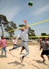 5/9/2008 - Maj. Liubomyr Alyskevych, a Ukrainian officer, attacks a volleyball during a game at the Defense Language Institute annual AMIGO picnic at Lackland Air Force Base, Texas, while Army Staff Sgt. Enrique Macias readies himself for a return. The event featured events, such as horseshoes, volleyball, soccer, tug-of-war and board games.
(USAF photo by Robbin Cresswell)