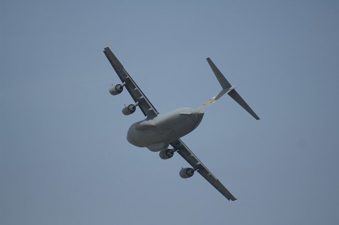 BERLIN, Germany - Lt. Col. Marc Beutler, German air force exchange pilot assigned to the U.S. Air Force, and Capt. Rebecca Russo perform a flight demonstration on the "Spirit of Berlin" C-17 Globemaster III at the 2008 Berlin Air Show May 28. Lt. Col. Beutler and Capt. Russo are assigned to the 437th Airlift Wing at Charleston Air Force Base, S.C. (U.S. Air Force photo by Tech Sgt. Corey Clements) (released)