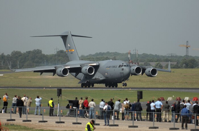 BERLIN, Germany - Lt. Col. Marc Beutler, German air force exchange pilot assigned to the U.S. Air Force, and Capt Rebecca Russo perform an assault landing (a short field landing capability) during a demonstration on the "Spirit of Berlin" C-17 Globemaster III at the 2008 Berlin Air Show May 28.  Lt. Col. Beutler and Capt. Russo are assigned to the 437th Airlift Wing at Charleston Air Force Base, S.C. (U.S. Air Force photo by Tech Sgt. Corey Clements) (released)
