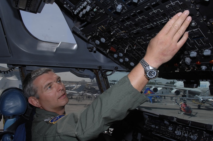 BERLIN, Germany - Lt. Col. Marc Beutler, German air force exchange pilot assigned to the U.S. Air Force, conducts post flight checks on the "Spirit of Berlin" C-17 Globemaster III after performing a flight demonstration at the 2008 Berlin Air Show May 28. Lt. Col. Beutler and the C-17 are assigned to the 437th Airlift Wing at Charleston Air Force Base, S.C. (U.S. Air Force photo by Tech Sgt. Corey Clements) (released)