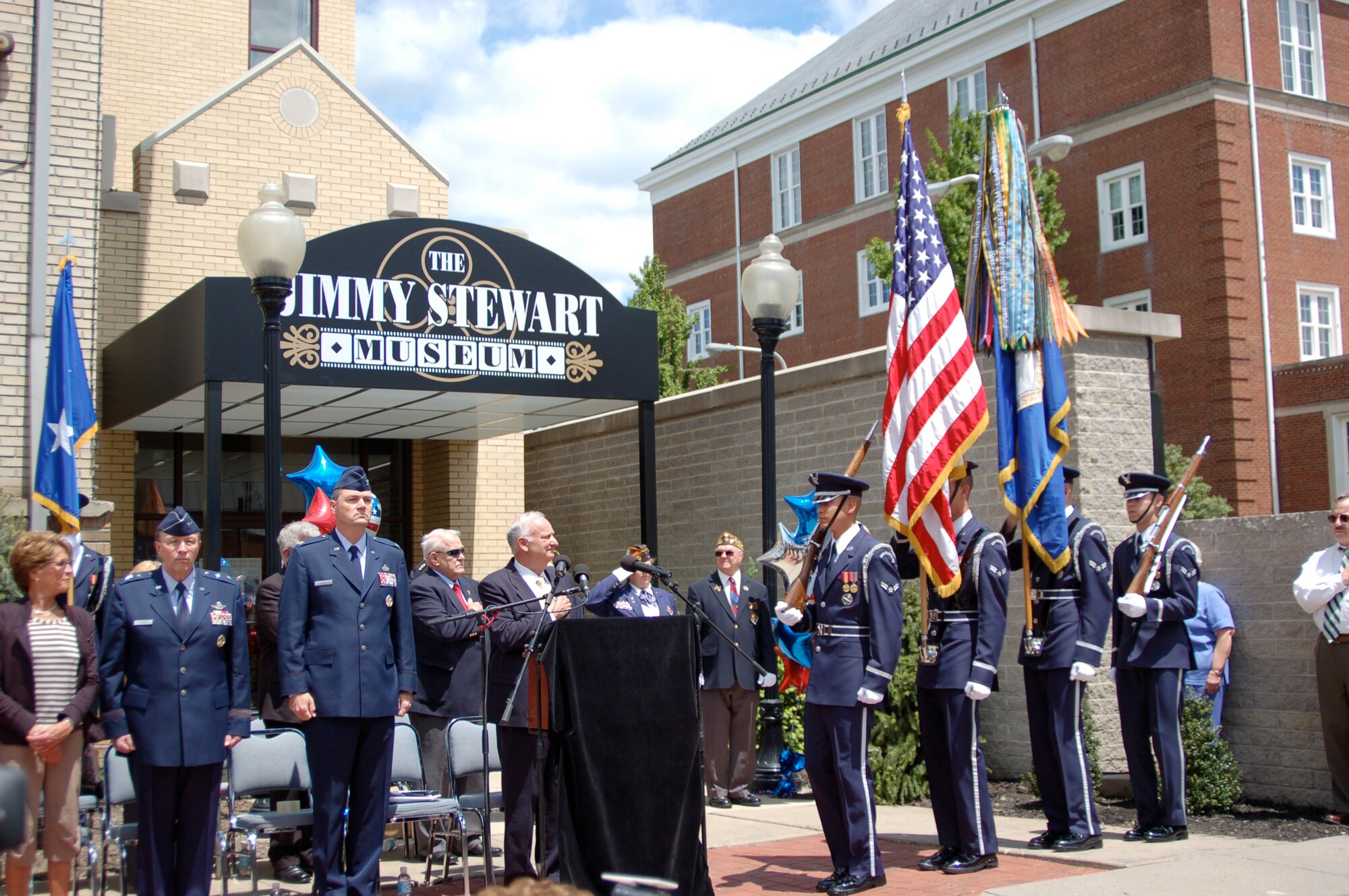 From left, Maj. Gen. Charles E. Stenner Jr., assistant deputy chief of staff for Strategic Plans and Programs, Headquarters U.S. Air Force, representing the Air Force Reserve Command and Col. Terry L. Ross, 11th Wing vice commander, Bolling Air Force Base, D.C., attend a ceremony celebrating Jimmie Stewart's centennial in Indiana, Pa., May 24, 2008. (U.S. Air Force photo/Lt. Col. Lori Largen)