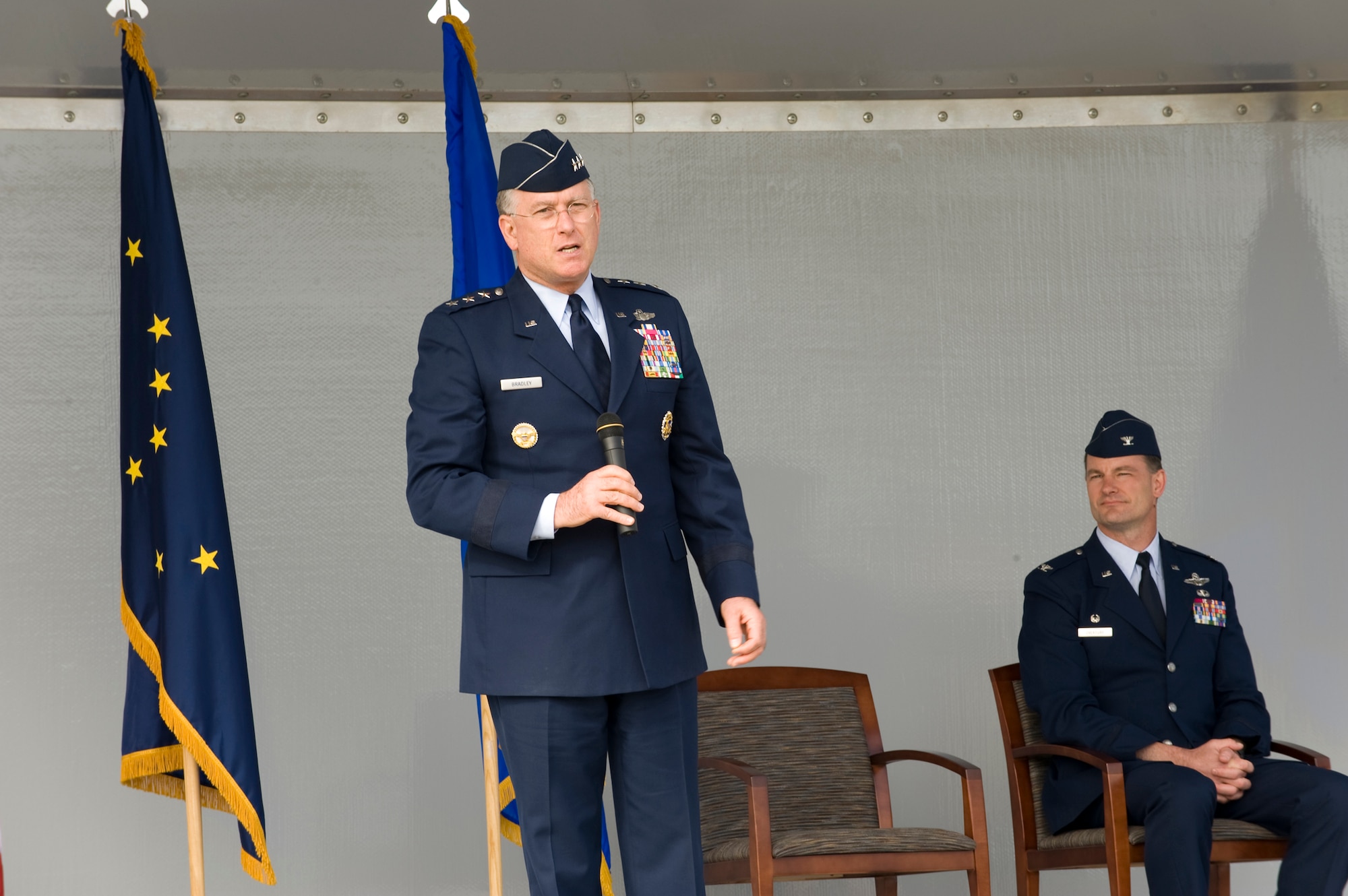 Lt. Gen. John Bradley, Air Force Reserve Command commander, speaks at the 477th Fighter Group Headquarters Training Facility ground-breaking ceremony Monday. The facility will host the group staff, command section, and Military Personnel Flight for the Reservists of the 477th FG. The building will be located across the street from the Alaskan Command Headquarters and Chapel One and is expected to be completed by September 2009. (U.S. Air Force photo/Tech. Sgt. Alan Port)