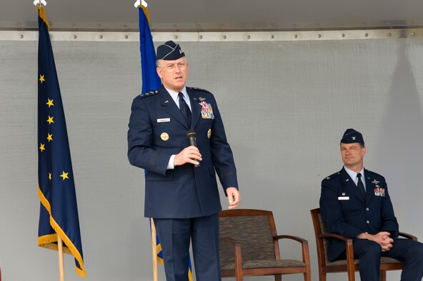 Lt. Gen. John Bradley, Air Force Reserve Command commander, speaks at the 477th Fighter Group Headquarters Training Facility ground-breaking ceremony Monday. The facility will host the group staff, command section, and Military Personnel Flight for the Reservists of the 477th FG. The building will be located across the street from the Alaskan Command Headquarters and Chapel One and is expected to be completed by September 2009. (U.S. Air Force photo/Tech. Sgt. Alan Port)