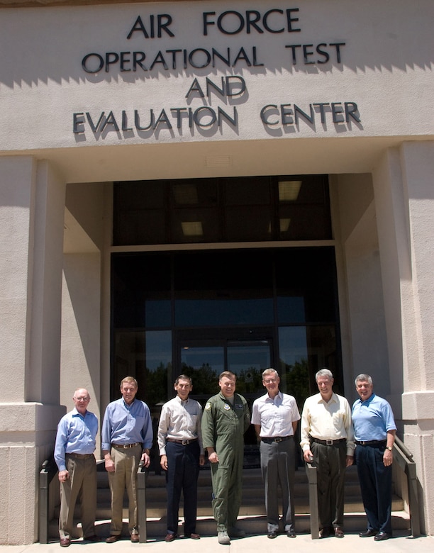 The Air Force Operational Test and Evaluation Center hosted six former AFOTEC commanders May 19th at AFOTEC's headquarters at Kirtland Air Force Base, N.M. The one-day forum's intent was to gain from the lessons of the opportunities and challenges these commanders faced during their time in command and to compare them to the opportunities and challenges that the current commander faces today. From left to right, Maj. Gen. George Harrison (1993-1997), Maj. Gen. Michael Hall (1985-1987), Lt. Gen. Marcus Anderson (1991-1993), Maj. Gen. Stephen Sargeant (current AFOTEC commander), Maj. Gen. Peter Robinson (1990-1991), Maj. Gen. William Peck, Jr., (2000-2003), and Maj. Gen. Felix Dupré (2003-2005).