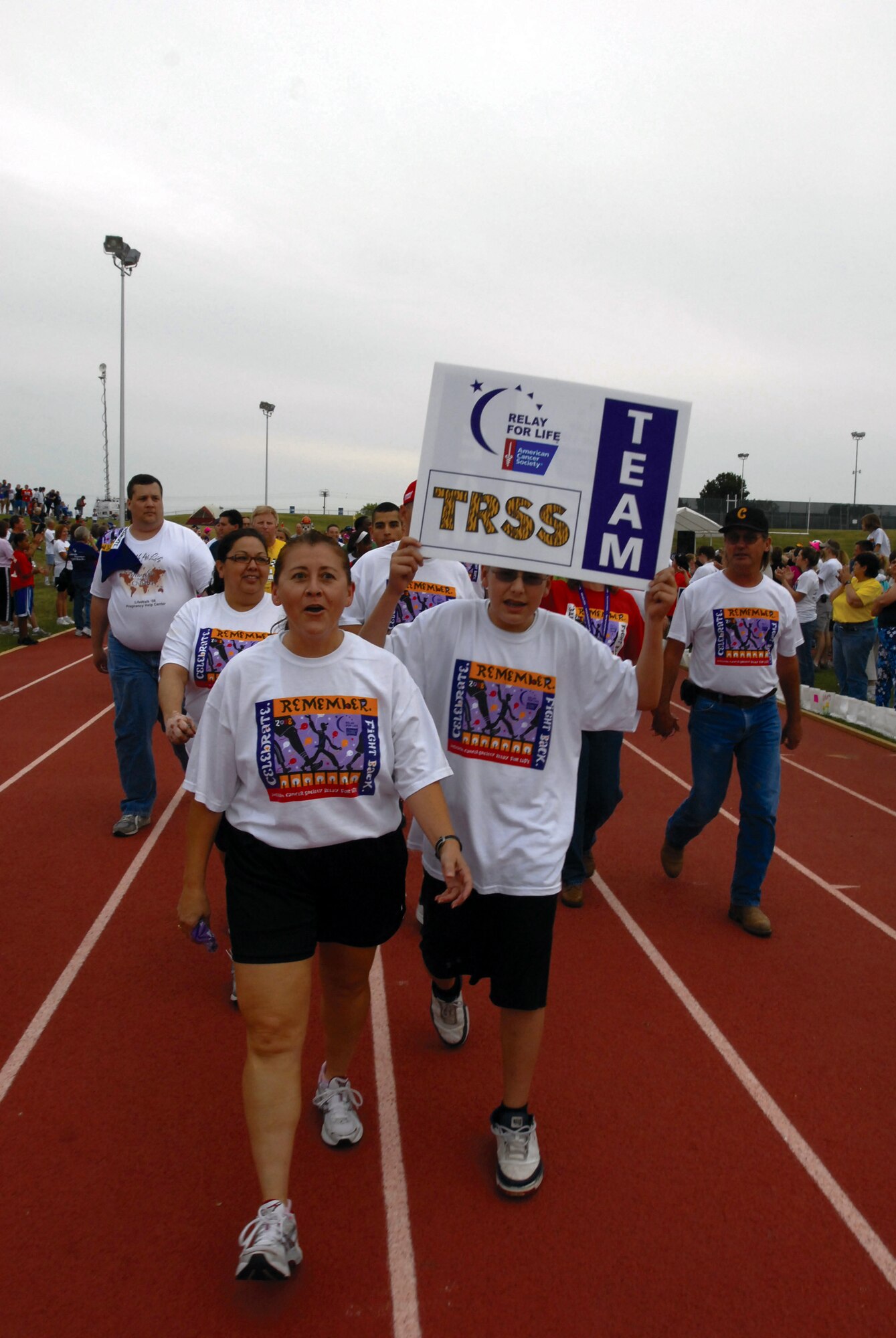 Lt. Col. Georgette Young, 17th Training Support Squadron commander, leads the 17 TRSS team during the Relay for Life. (U.S. Air Force photo by Master Sgt. Randy Mallard)