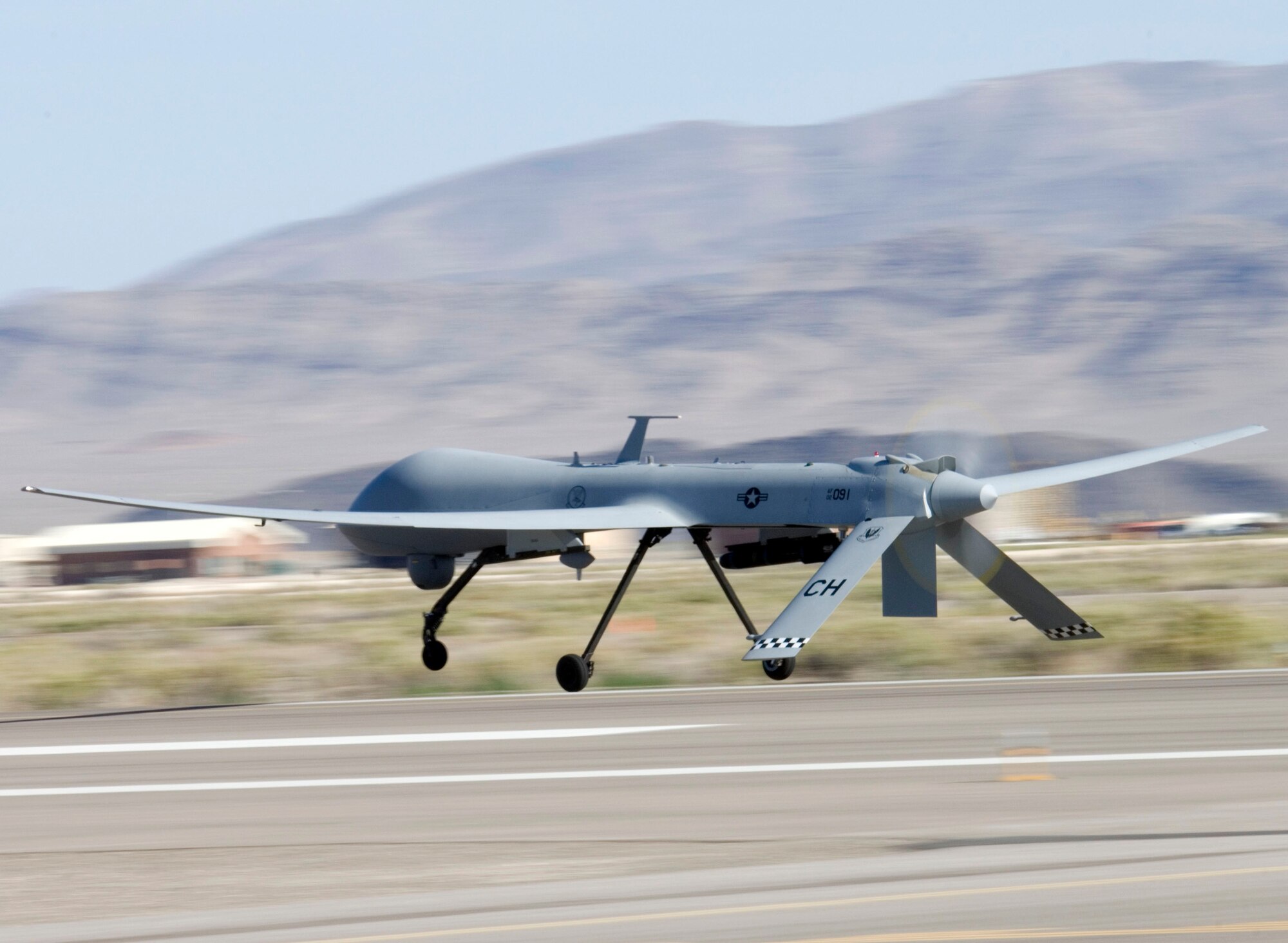 A MQ-1 Predator, assigned to the 17th Reconnaissance Squadron, takes off for a training mission here May 19, 2008.
(U.S. Air Force Photo by/Senior Airman Larry E. Reid Jr.)