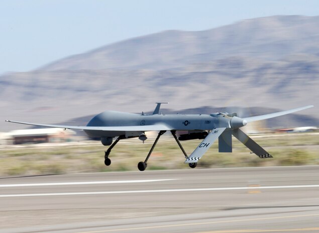 A MQ-1 Predator, assigned to the 17th Reconnaissance Squadron, takes off for a training mission here May 19, 2008.
(U.S. Air Force Photo by/Senior Airman Larry E. Reid Jr.)