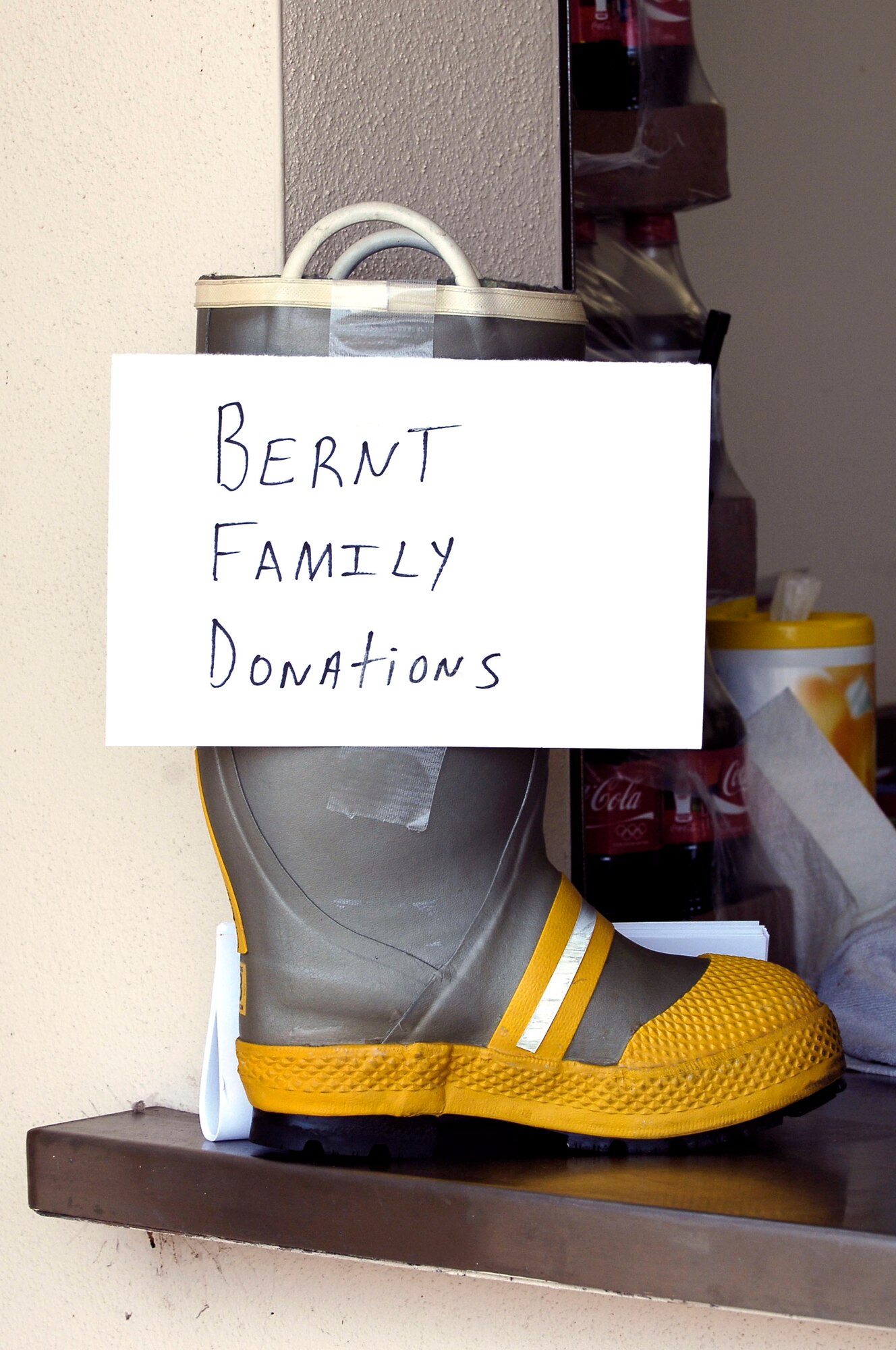 The boot was used to collect the donations for Andy Bernt and his family at the charity softball game at MacDill's softball field May 24. The MacDill firefighter's association and the Men's Varsity softball team organized the game  to help the Bernt family pay for Mr. Bernt's cancer treatment. (U.S. Air Force photo/ Senior Airman Bradley Lail)