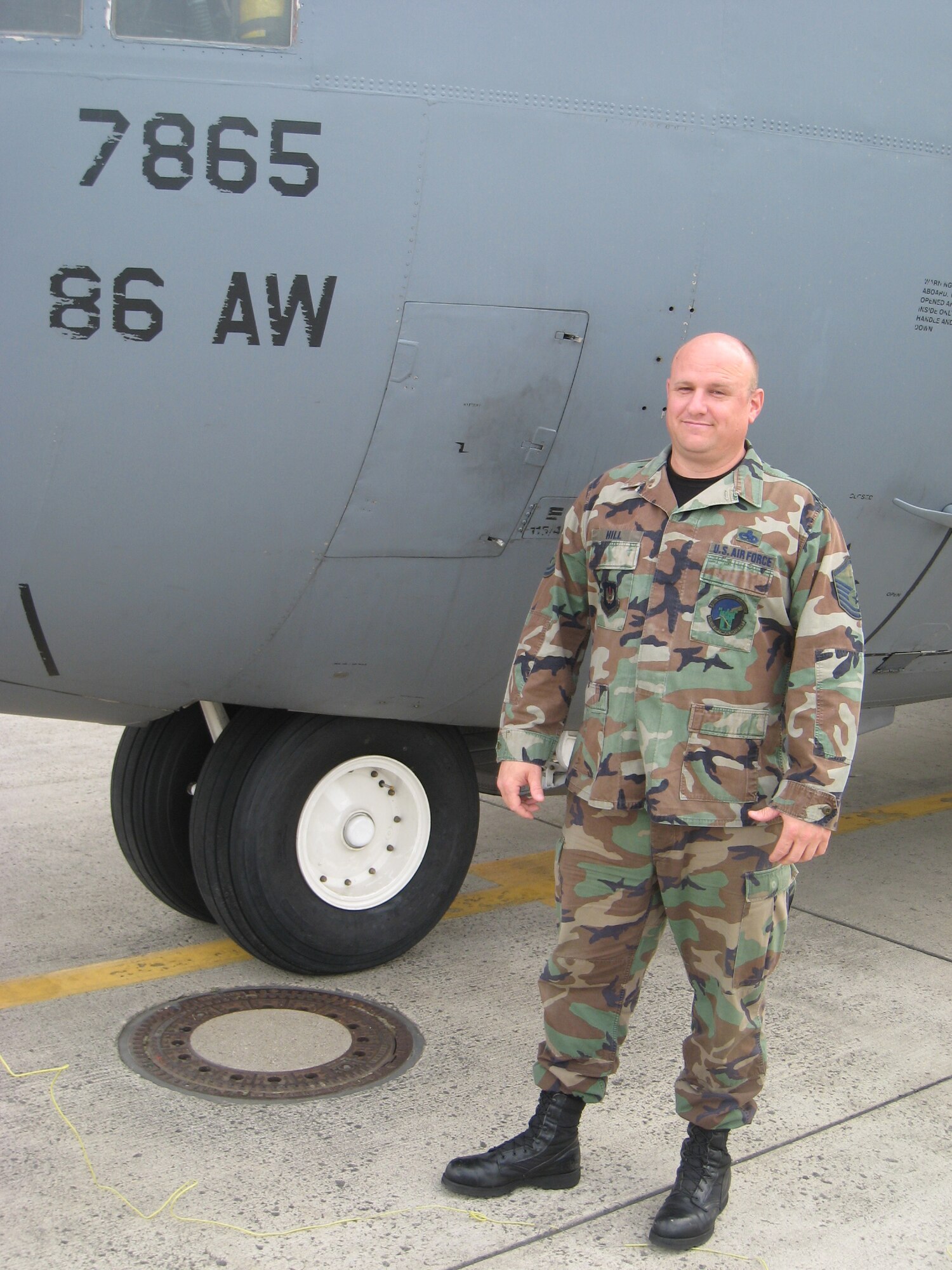 As an arman first class, Master Sgt. Jim Hill, 86th Maintenance Squadron production supervisor, was the dedicated crew chief of C-130 63-7865 while assigned to the 374th Tactical Airlift Wing, Yokota Air Base, Japan, from 1989 to 1992. Sergeant Hill will now accompany this C-130 as it makes its final flight to Davis-Monthan Air Force Base, Ariz., to be stored in the Aerospace Maintenance and Regeneration Group. Courtesy photo