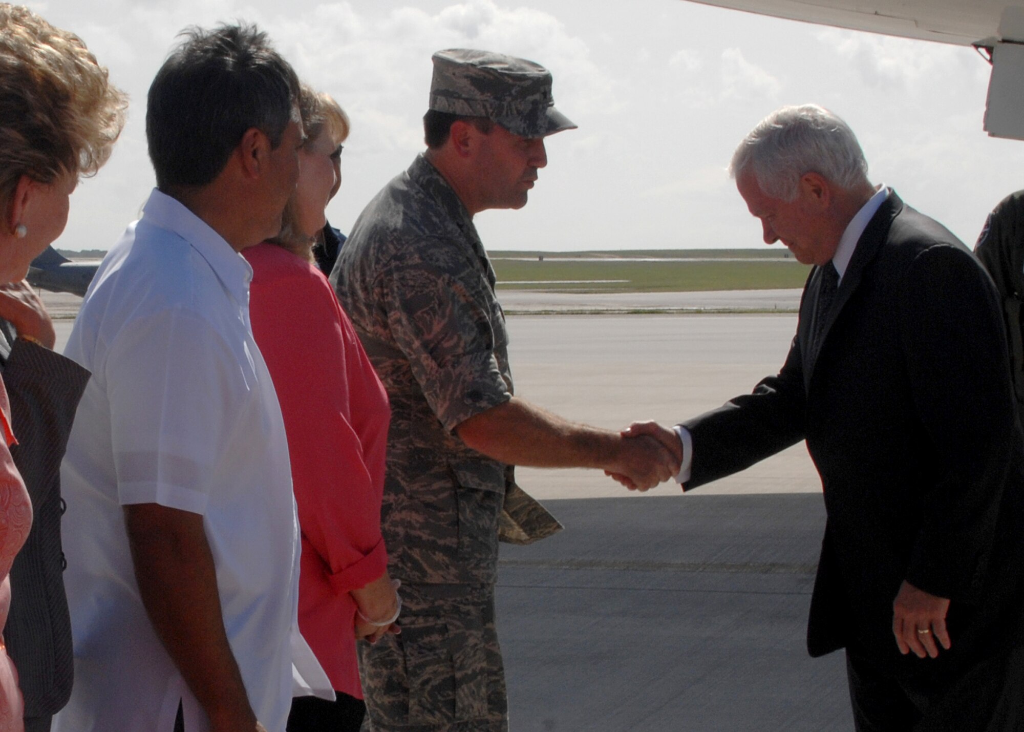The Secretary Of Defense, Dr. Robert Gates is greeted by Brig. Gen. Douglas Owens, 36th Wing Commander as he arrives at Andersen Air Force Base on May 29. This is Dr. Robert Gates first visit to Andersen AFB as the Secretary Of Defense. (U.S. Air Force by Airman 1st Class Nichelle Griffiths)   