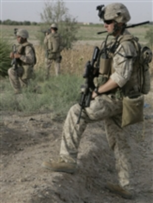U.S. Marines provide security near a road in the Helmand Province, Afghanistan, on May 15, 2008.  The Marines are assigned to Bravo Company, 1st Battalion, 6th Marine Regiment, 24th Marine Expeditionary Unit, International Security Assistance Force.  