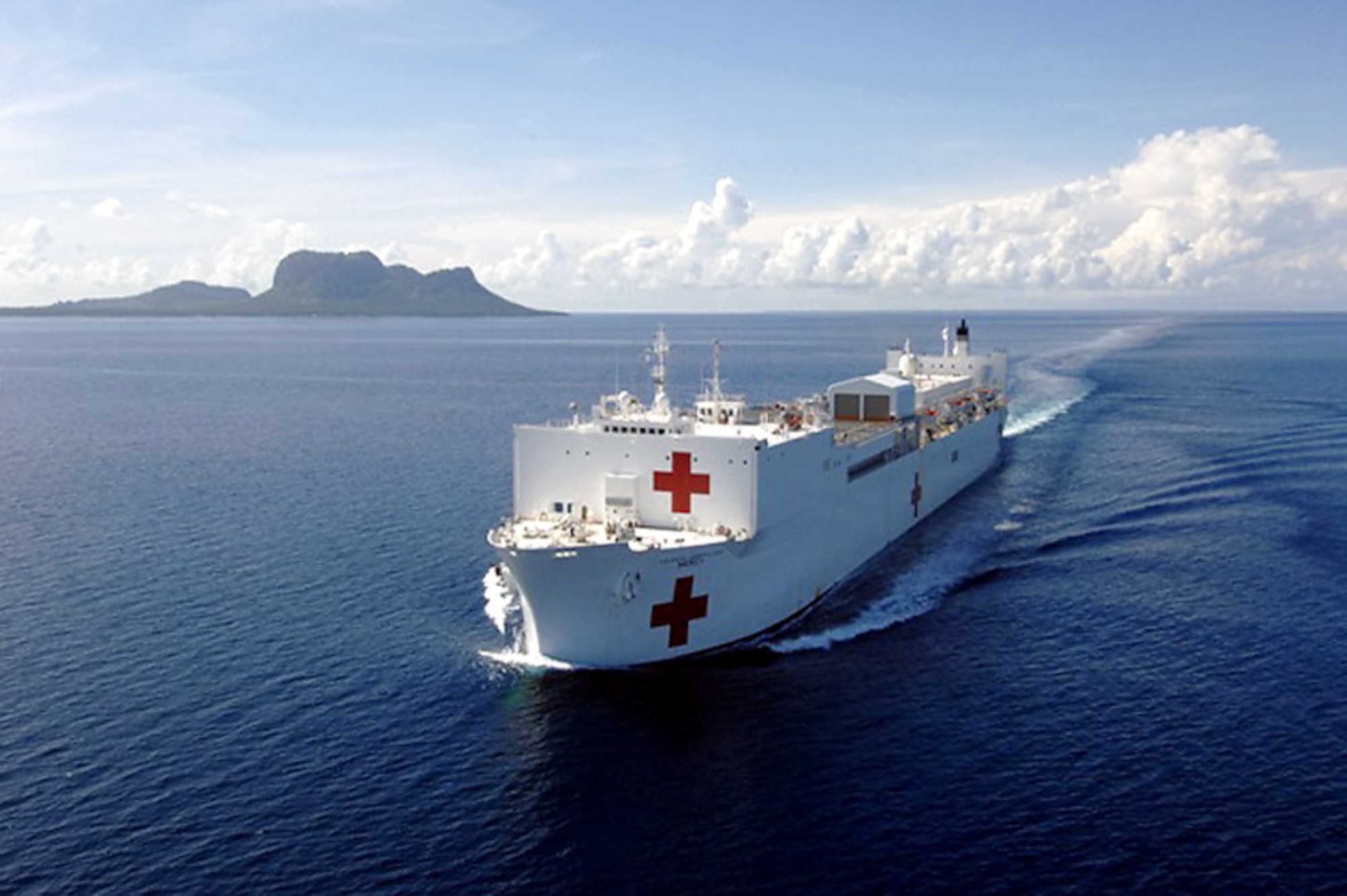 The U.S. Navy Ship Mercy is a hospital ship able to rapidly respond to a range of situations on short notice and capable of supporting medical and humanitarian assistance needs with special medical equipment and a multi-specialized medical team, providing a range of services ashore as well as onboard. (U.S. Navy photo/Petty Officer Edward Martens)
