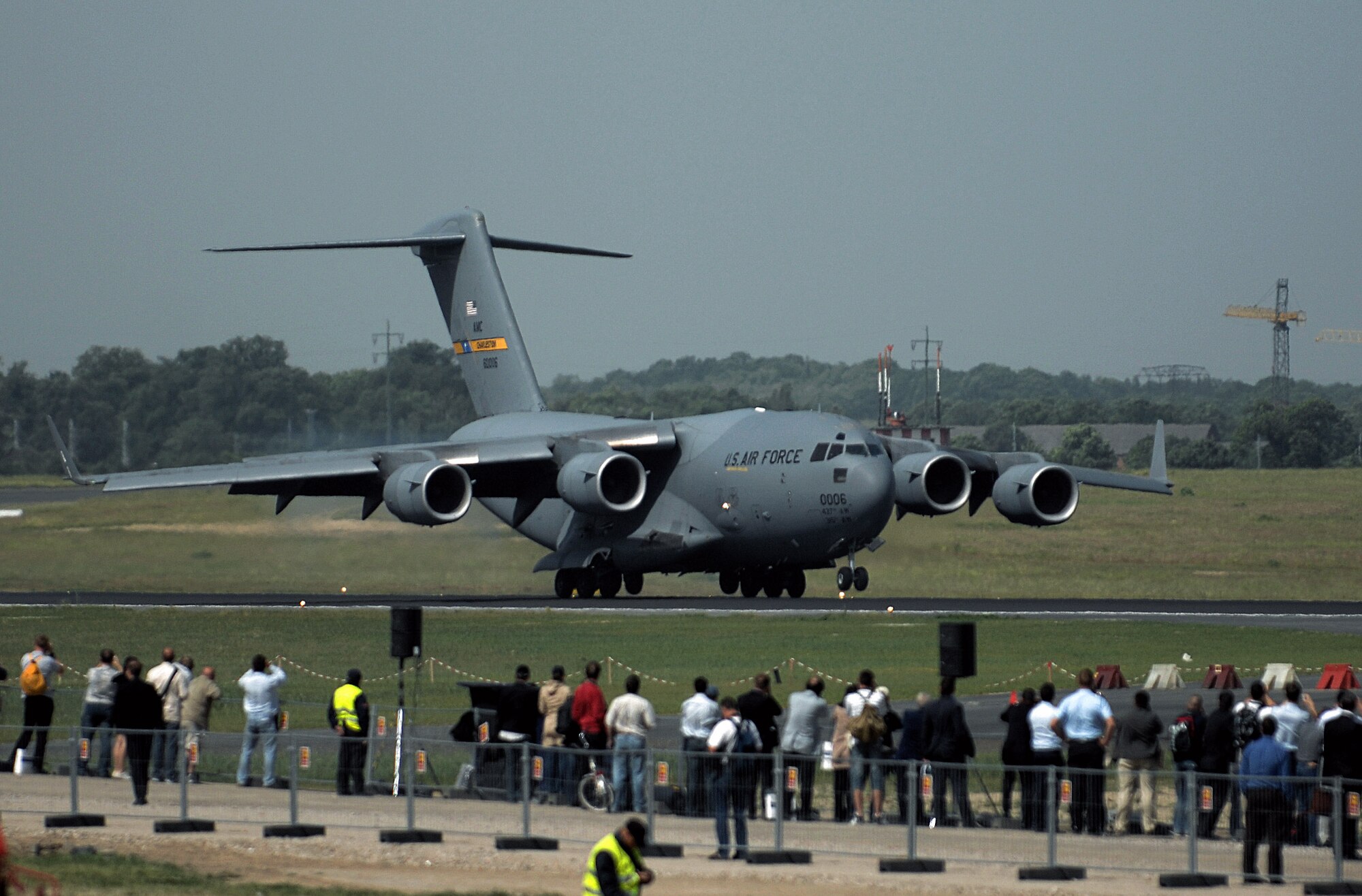 Lt. Col. Marc Beutler, a German air force exchange pilot assigned to the U.S. Air Force, and Capt. Rebecca Russo perform an assault landing (a short field landing capability) during a demonstration with the "Spirit of Berlin" C-17 Globemaster III at the 2008 Berlin Airshow May 28. Colonel Beutler and Captain Russo are assigned to the 437th Airlift Wing at Charleston Air Force Base, S.C. (U.S. Air Force photo/Tech. Sgt. Corey Clements) 