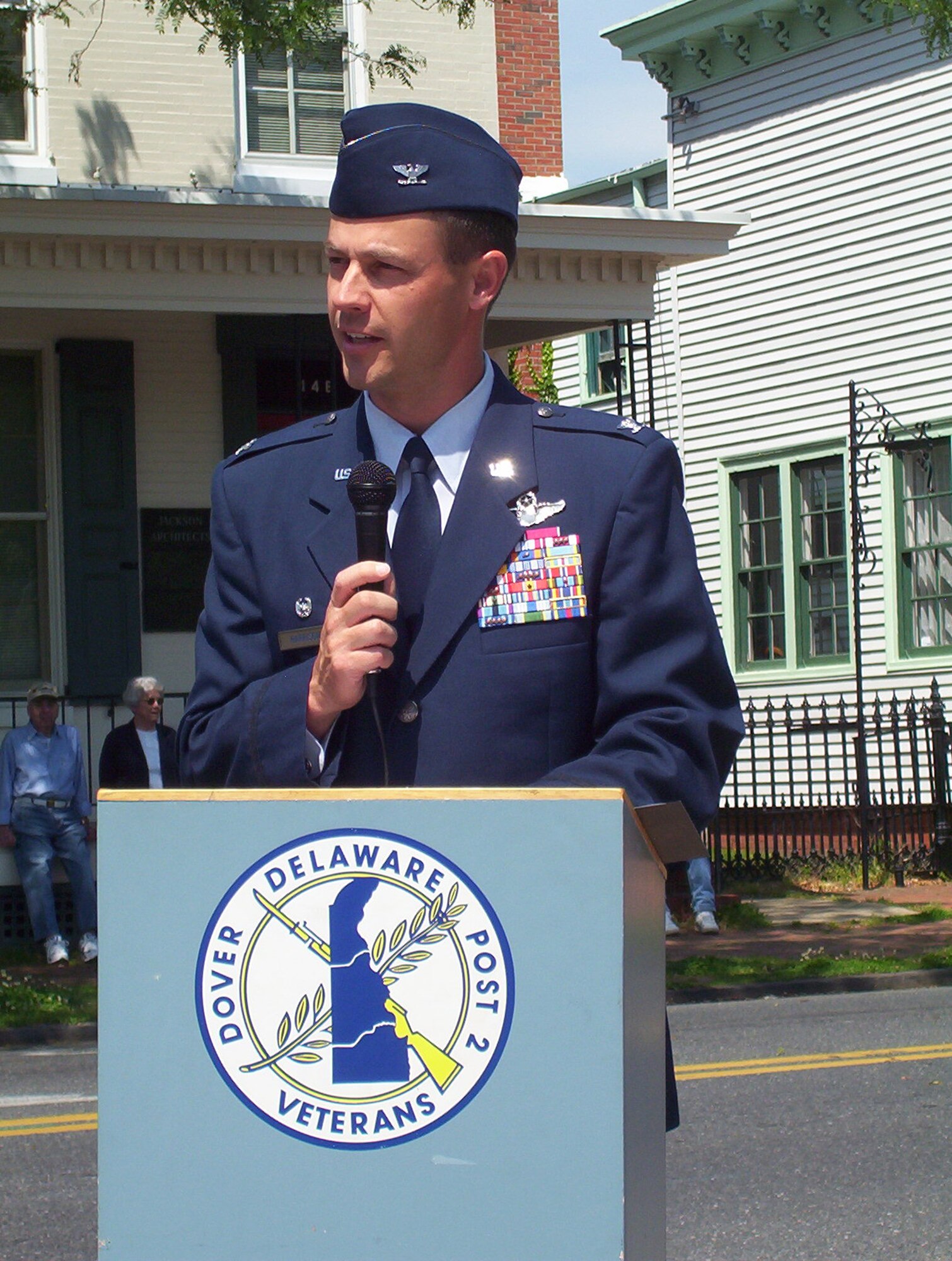 Col. Steven Harrison, 436th Airlift Wing commander, speaks at a Memorial Day event at the Veterans Triangle in Dover May 26.  The event at the Triangle included Colonel Harrison, the Dover Air Force Base Honor Guard, and local community leaders. (U.S. Air Force photo/Sue Walls)