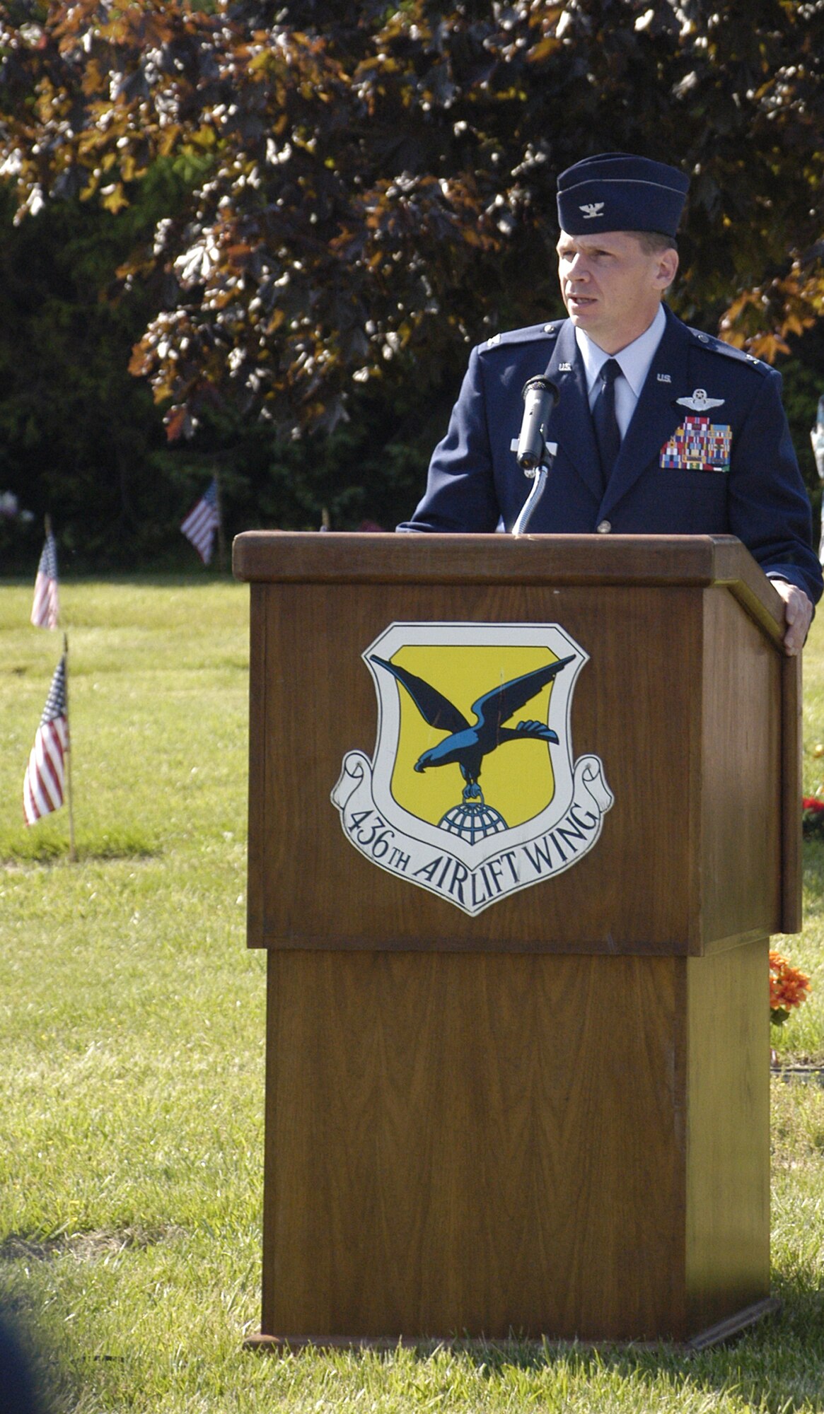 Col. Eric Wydra, 436th Airlift Wing vice commander, spoke at the annual Memorial Day service at Sharon Hills Memorial Park May 26. (U.S. Air Force photo/Airman 1st Class Shen-Chia Chu)