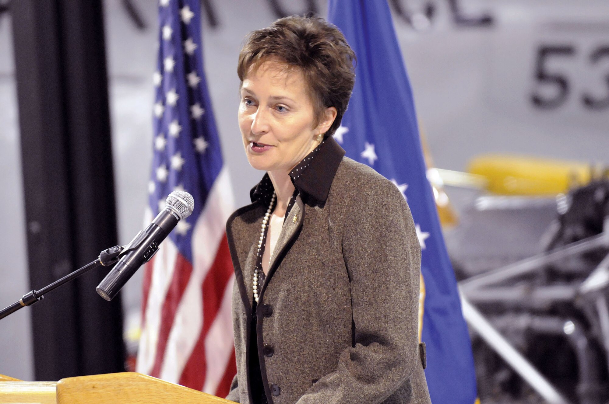 Marie Berry speaks at a luncheon May 21 at the Museum of Aviation. Mrs. Berry, a retired Air Force nurse, served as specialty care section chief at Landstuhl Regional Medical Center in Germany. U. S. Air Force photo by Sue Sapp