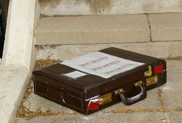 A simulated "suspicious package" with white powder was found near Dorm 212 during a joint exercise between response agencies from RAFs Mildenhall and Lakenheath May 23. (U.S. Air Force photo by Karen Abeyasekere)