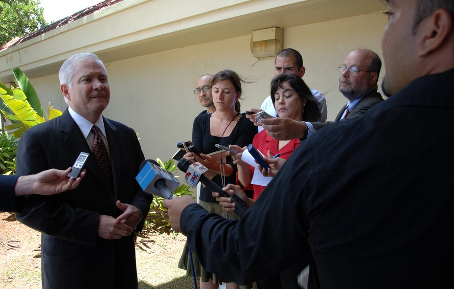 The Secretary Of Defense, Dr. Robert Gates holds a press conference answering questions the media has about his visit, military operations in the Asia Pacific Reigon, and other current issues surrounding Guam on May 30 at Andersen Air Force Base. This is Dr. Gates first stop in his tour of the Asia Pacific Region.(U.S. Air Force by Airman 1st Class Courtney Witt)   