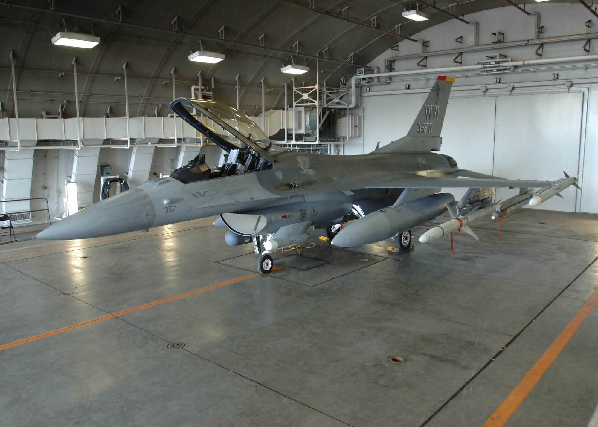 MISAWA AIR BASE, Japan -- A upgraded F-16 Fighting Falcon sits in a hangar at Misawa Air Base on May 8, 2008. Misawa's fleet of Block 50 aircraft were recently upgraded as part of the Common Configuration Implementation Program upgrades. The Air Force-wide F-16 upgrades configure the aircraft with some of the latest war-fighting capabilities. (U.S. Air Force photo by Senior Airman Robert Barnett)