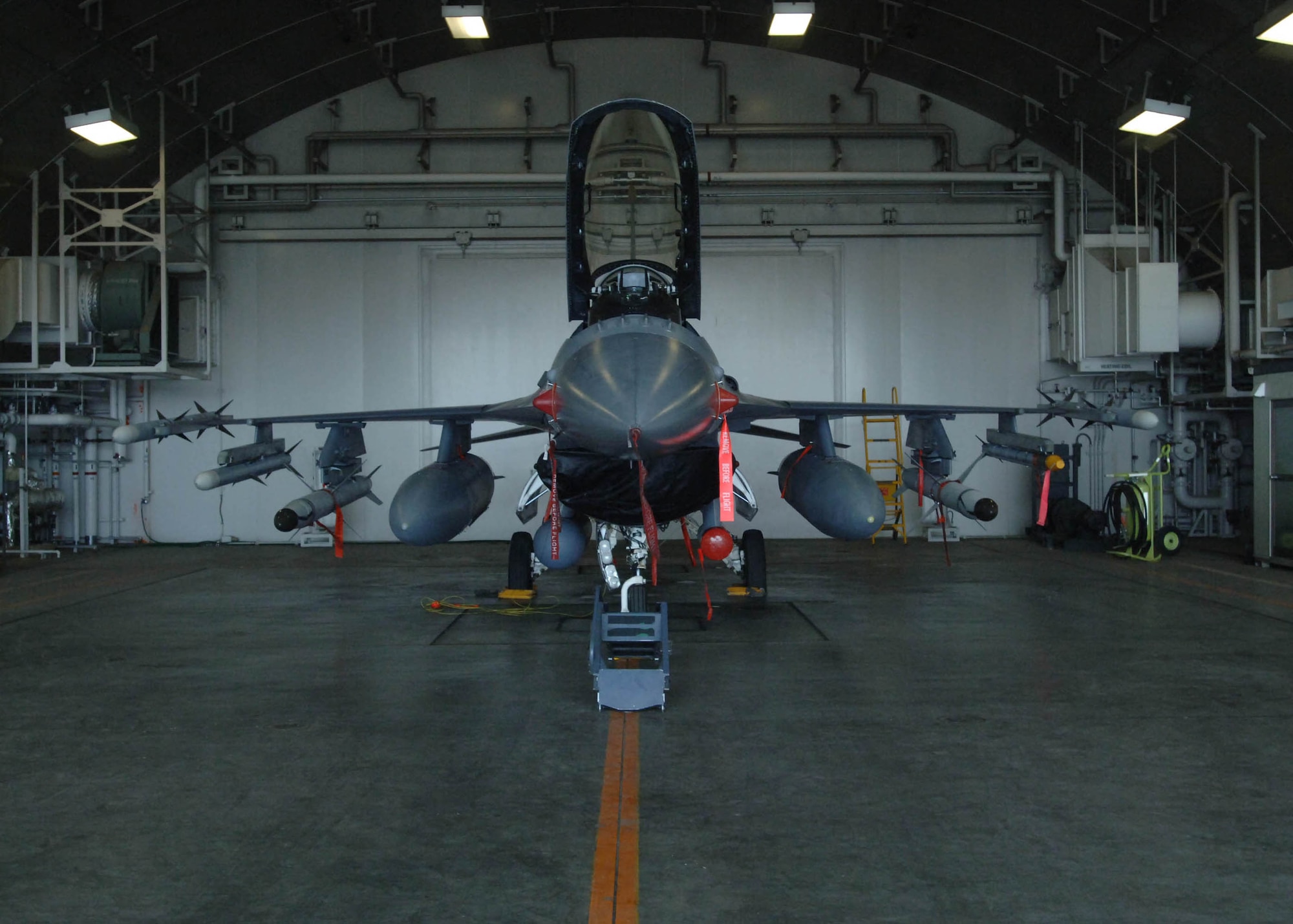 MISAWA AIR BASE, Japan -- A Block 50 F-16 Fighting Falcon sits in a hangar at Misawa Air Base on May 8, 2008. Misawa's fleet of F-16s recently completed the Common Configuration Implementation Program upgrades. The CCIP involved upgrading approximately 650 U.S. Air Force and Air National Guard Block 40 and Block 50 F-16s. (U.S. Air Force photo by Senior Airman Robert Barnett)