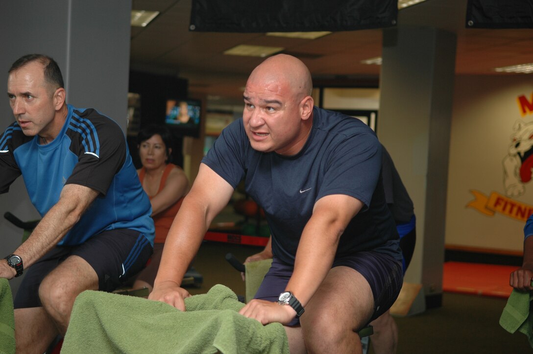 Gunnery Sgt. Eric N. Cruz, staff noncommissioned  officer of Marine Corps Community Services here, participates in the spin class that takes place at the Fitness Center on Marine Corps Recruit Depot San Diego, Calif., three times a day.